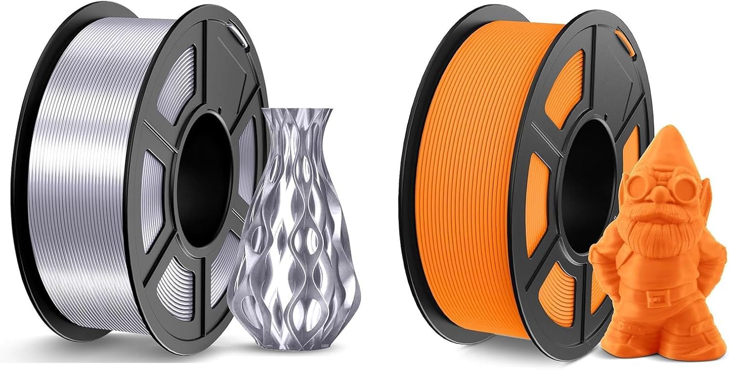 JAYO 3D Printer Filament 2.2kg, Silk PLA Filament and Matte PLA Filament Fit Most FDM 3D Printers,1.1kg per Spool, Pack of 2, Silk Silver+Matte PLA Orange