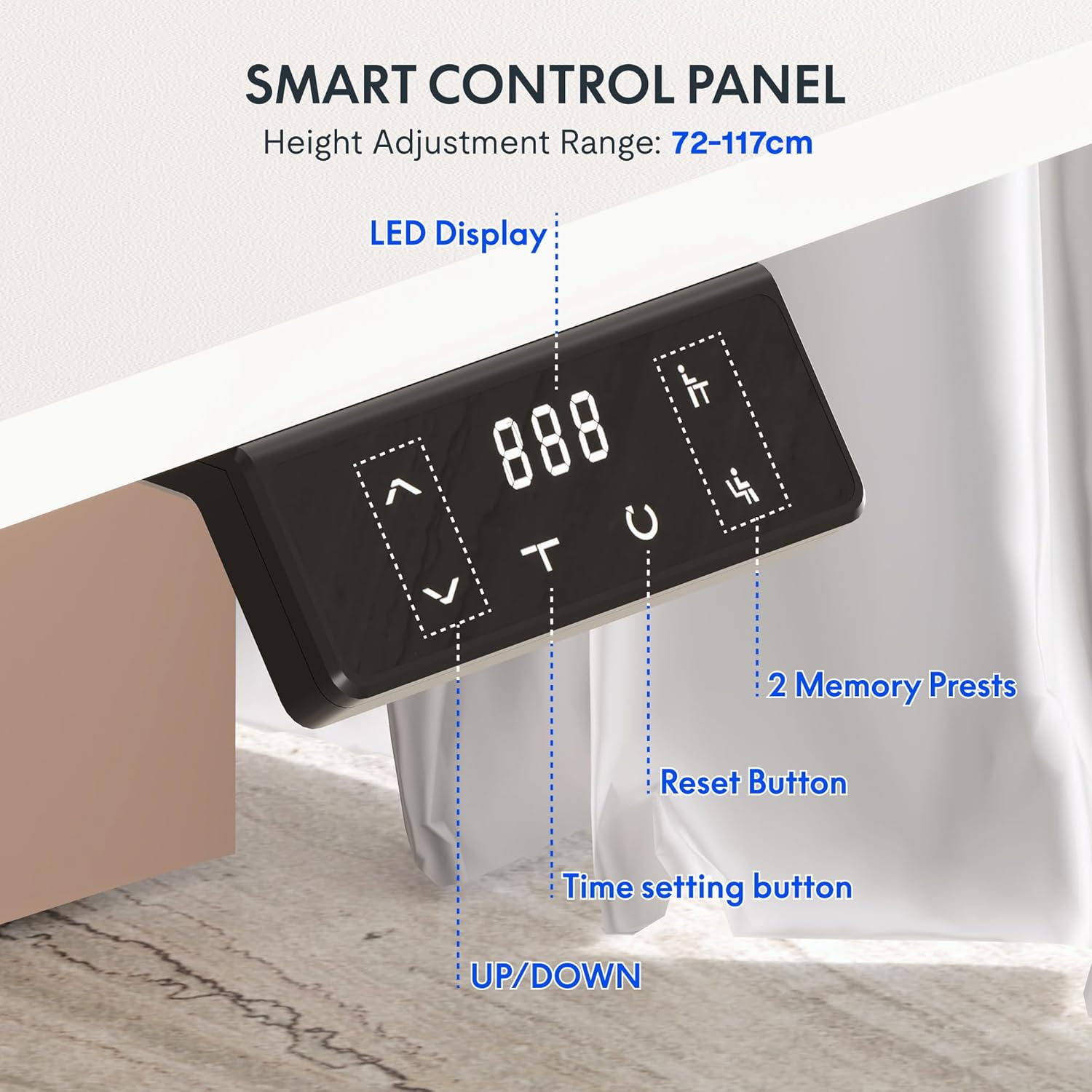 Close-up of the smart control panel with LED display, up/down buttons, memory presets, reset button, and time setting button.