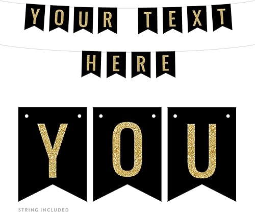 Andaz Press Decoración de pancarta de fiesta negra con purpurina dorada sintética totalmente personalizada, tu texto aquí, aproximadamente 5 pies, 1
