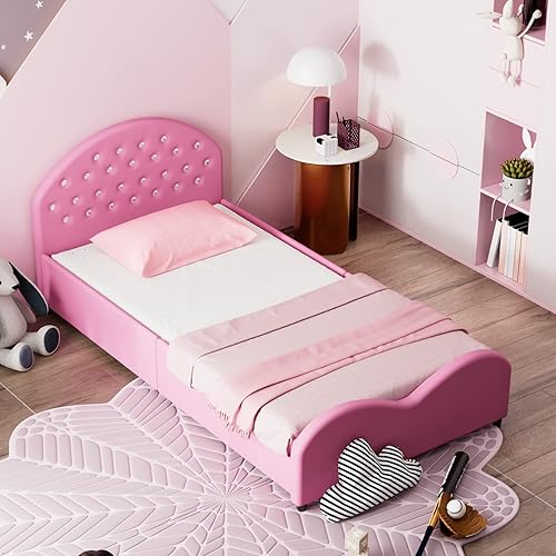 Miniatura 109 de HONEY JOY Marco de cama individual para niños, plataforma de cama individual de madera con cabecera y base de listones, no necesita somier, muebles