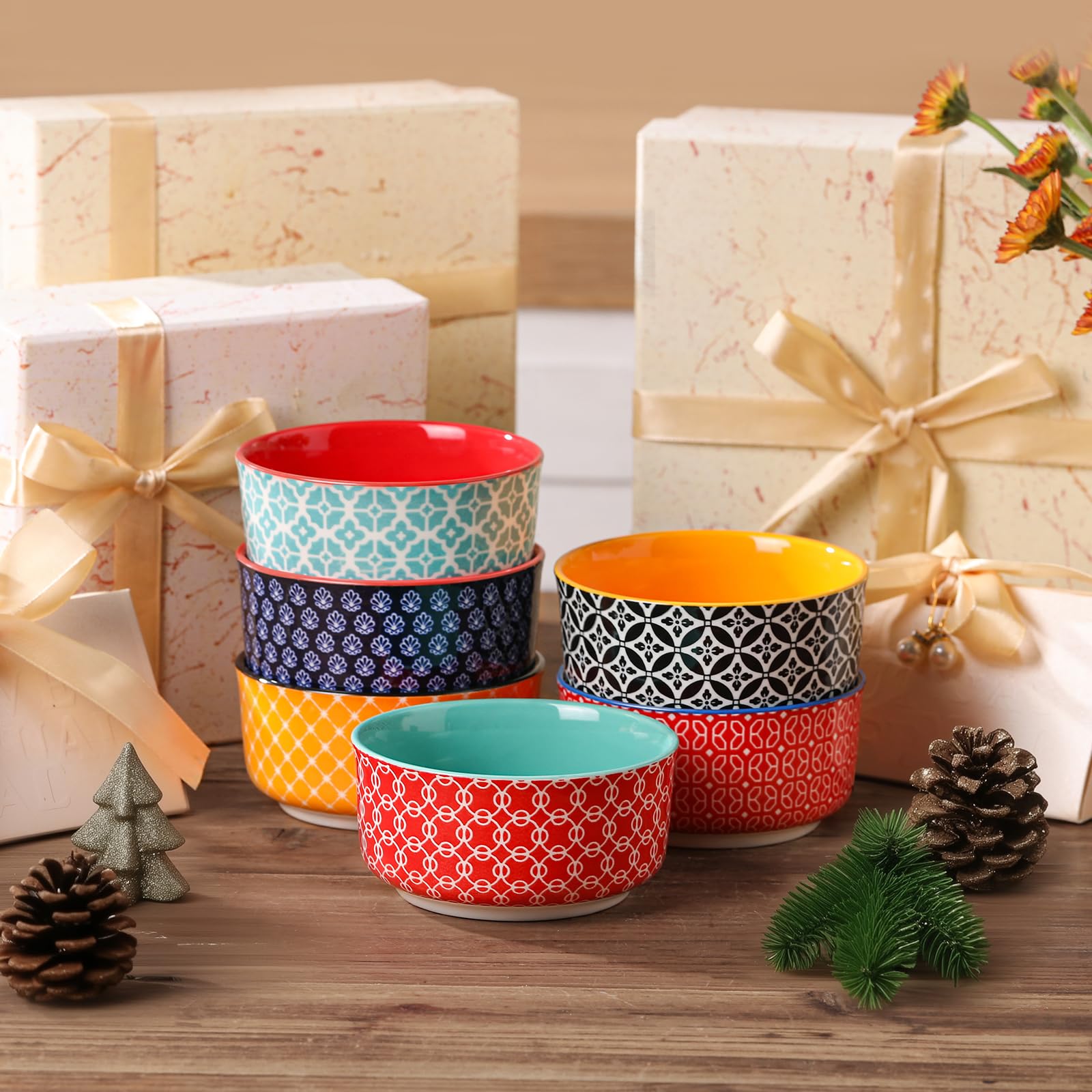 DOWAN Juego de 6 cuencos de porcelana de 180 ml, aptos para horno, para horno pequeño, para microondas, airfryer y lavavajillas, diámetro de 10 cm, multicolor