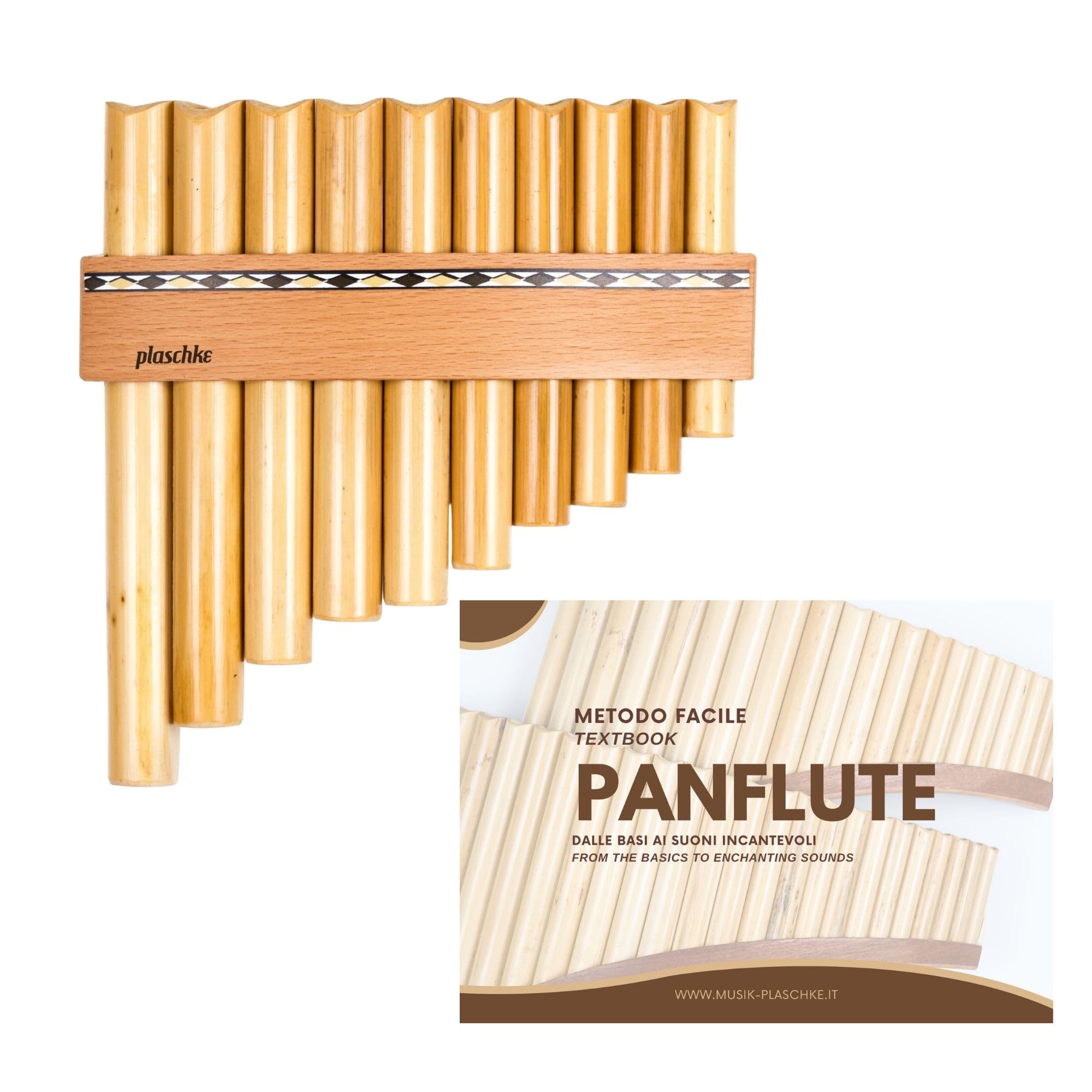Plaschke Zampoña, Flauta de pan con cinturón de madera, hecha a mano con libro, made in Italy, 10 tubo