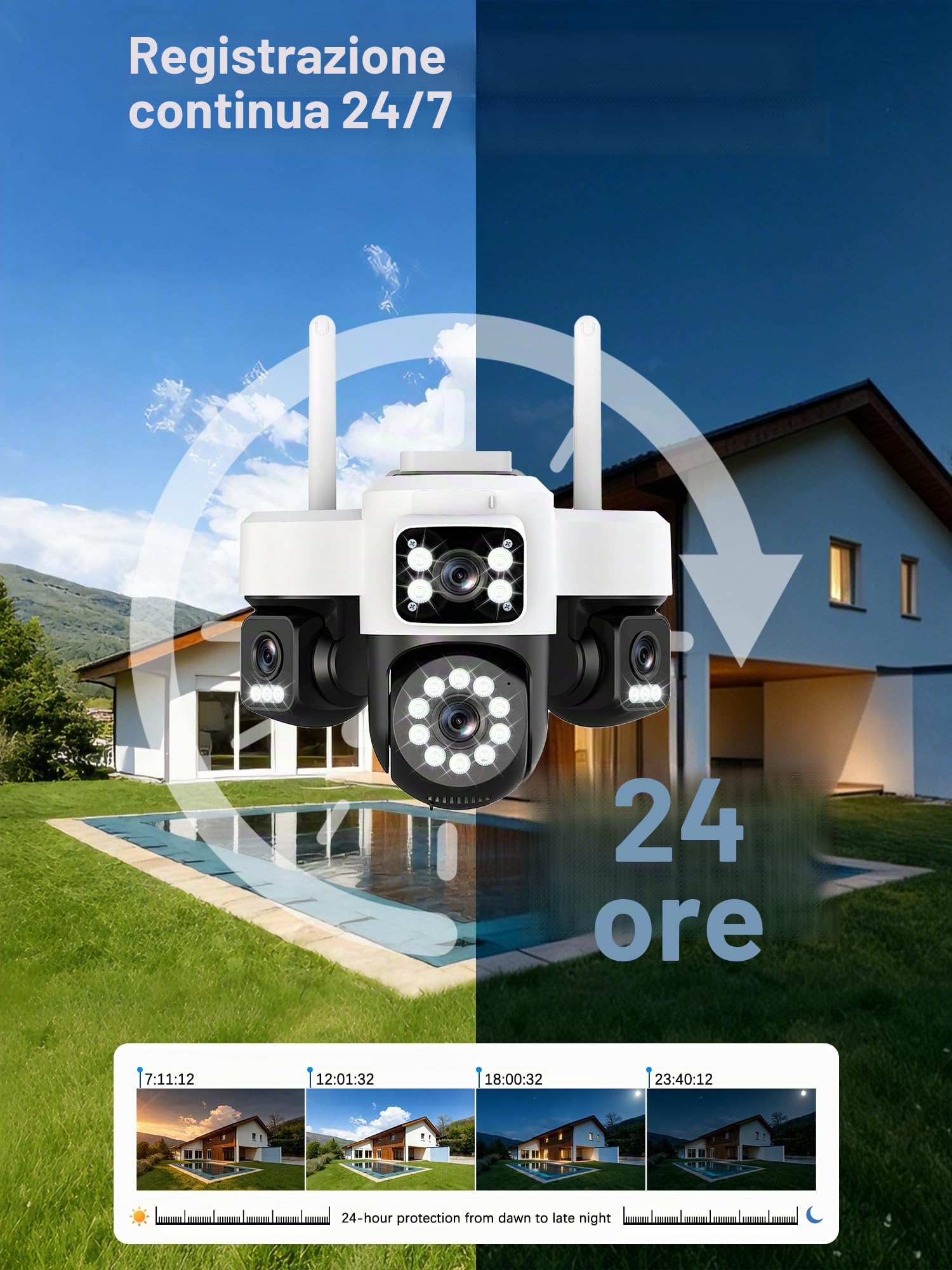 4G Camera di sorveglianza esterna senza fili,AOV 24/7,Quattro obiettivi/Camera solare/Batteria,4K telecamere di sorveglianza con scheda SIM,Visione vocturna,Allarme,Audio bidirezionale,Monitoraggio