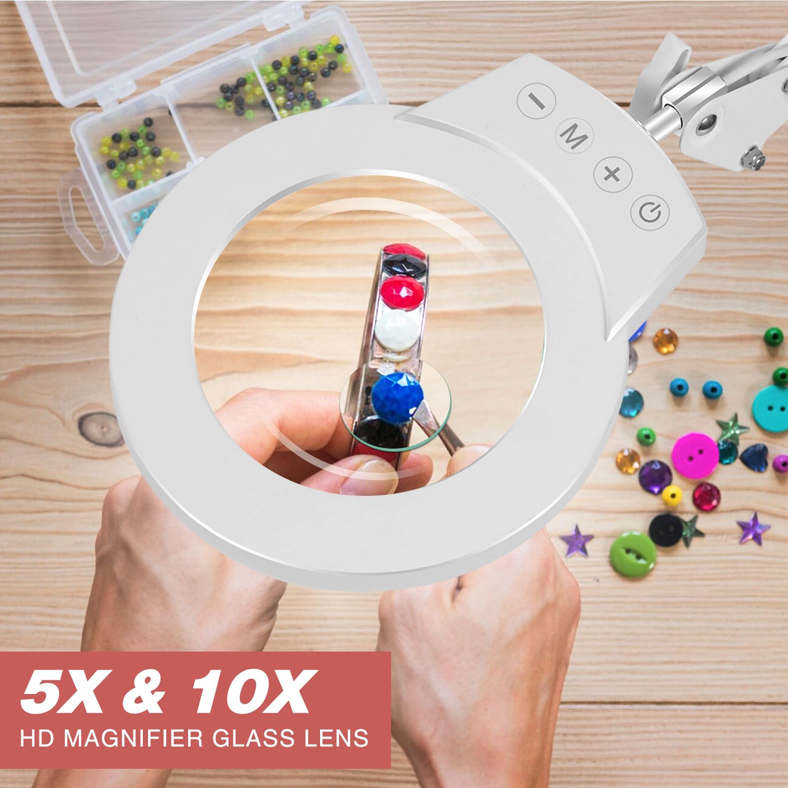 NOEVSBIG Lupa 2 en 1 con luz y soporte, lupa 10 x y 5 x, lámpara de escritorio con gran base y abrazadera, 3 modos de color, regulable, lámpara de lupa LED para hobby, lámpara con lupa con soporte