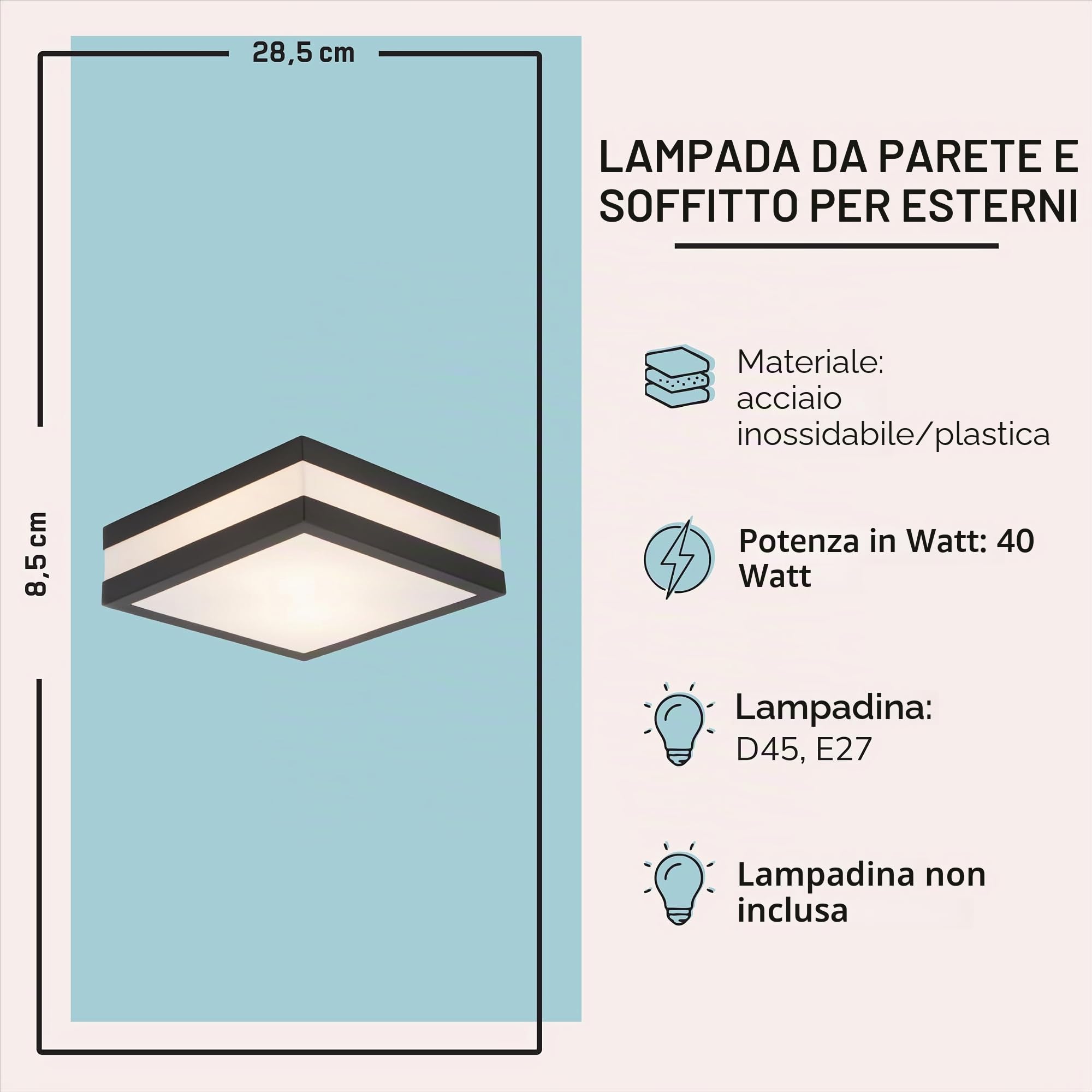 Plafoniera funzionale dal design semplice per esterni, per 2 lampadine E27, max 11 W, in acciaio inossidabile e plastica, colore: antraciteLED integrato, (2300lm, 3000K), A