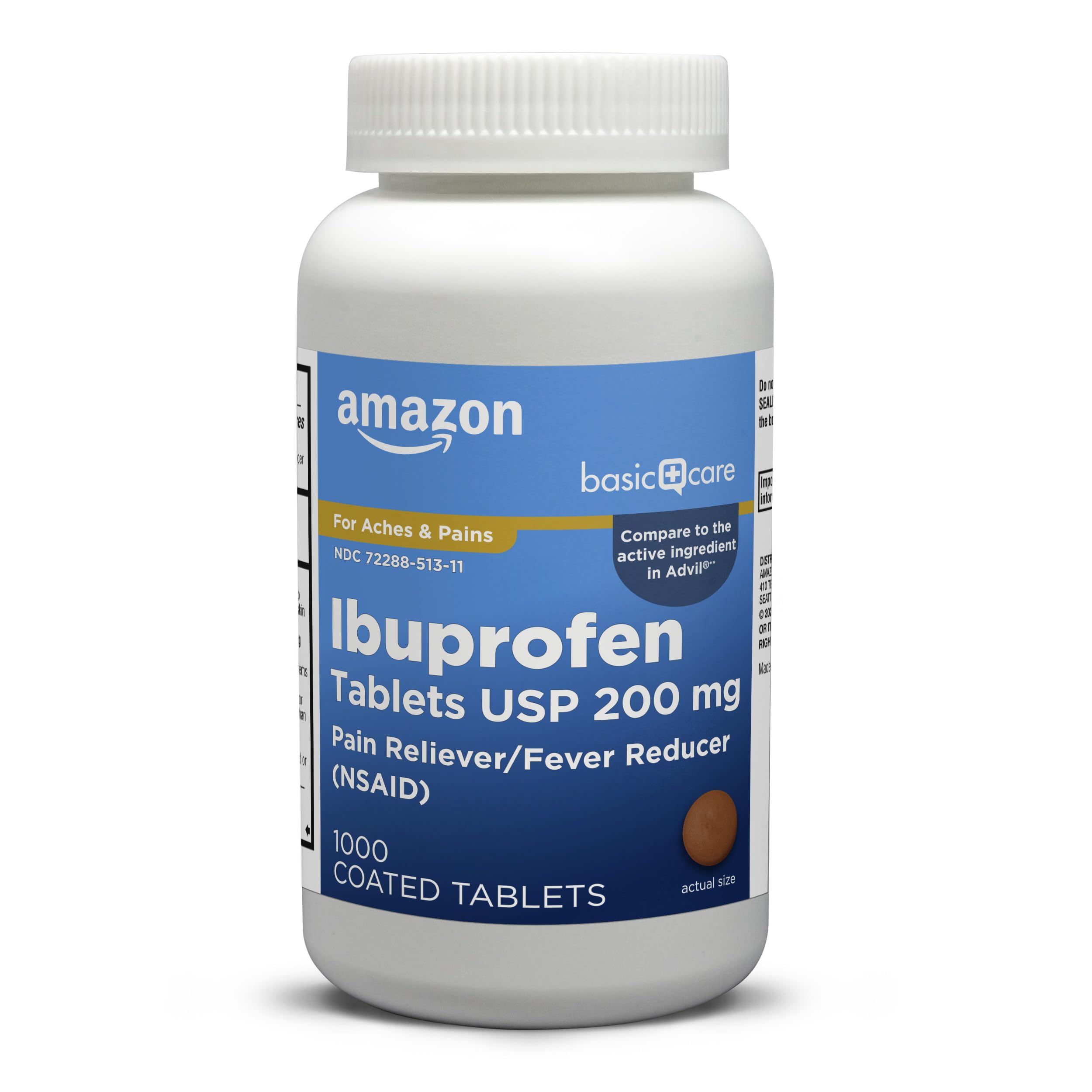 Amazon Basic Care Ibuprofen Tablets, Fever Reducer and Pain Relief from Body Aches, Headache, Arthritis and More, 1000 Count (Packaging may vary)