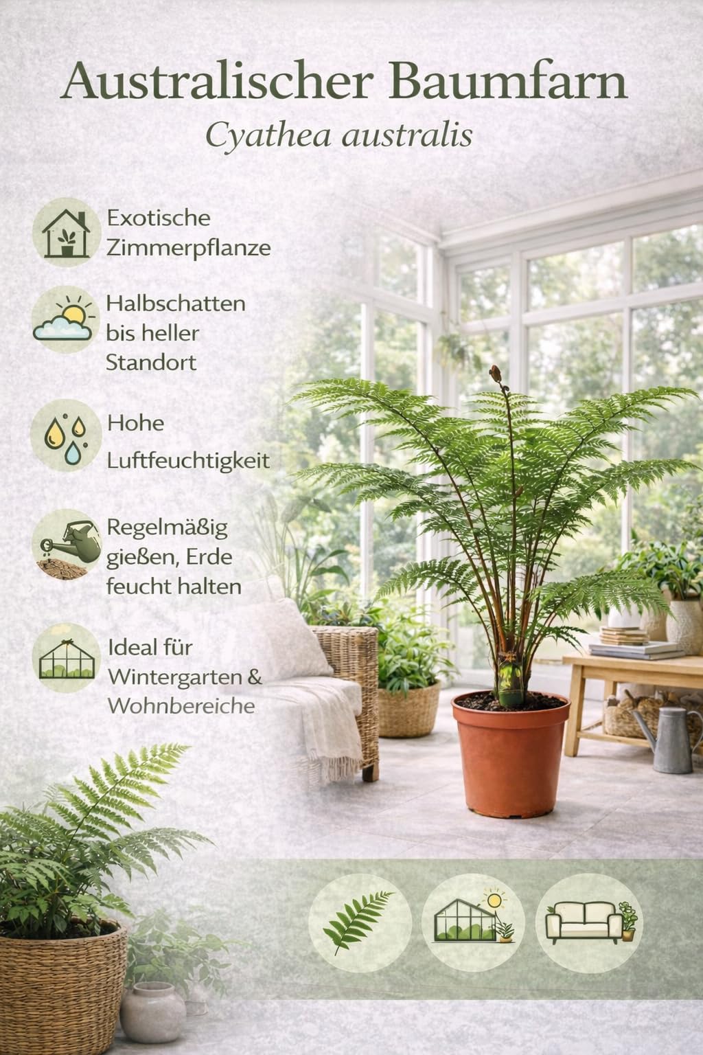 Australischer Baumfarn „Cyathea Australis“ – 80-100 cm hoch inkl. Topf (24 cm) | Exotischer & schnellwüchsiger Farn für Zimmer, Wintergarten, Terrasse & Garten