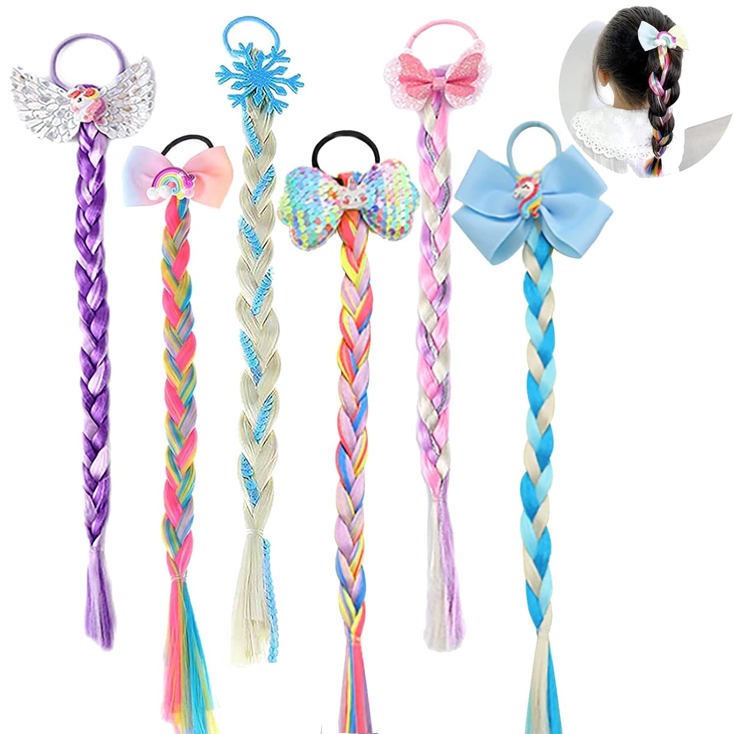 4Pcs Girls Colored Braids Hair Extensions with Rubber Bands, Rainbow Braided Hairpieces Hair Bows Wig Ponytails Kids (CARTOON)-image-48