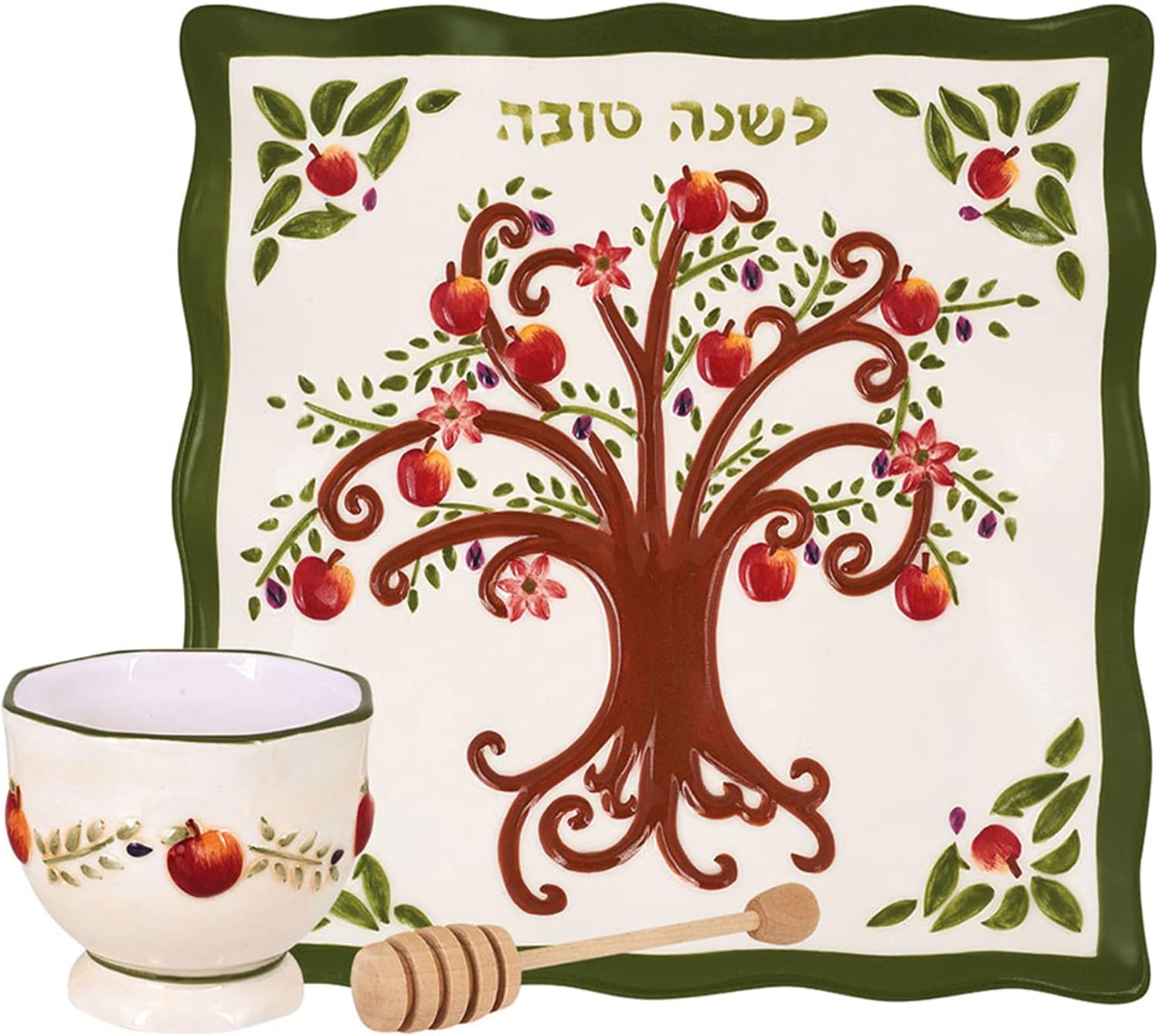 Rosh Hashanah Honey Plate Painted Apple Tree of Life Shana Tovah with Honey Bowl Dish and Honey Dipper Designed by Jessica Sporn Perfect Rosh Hashunah Platter Jewish New Year Gift