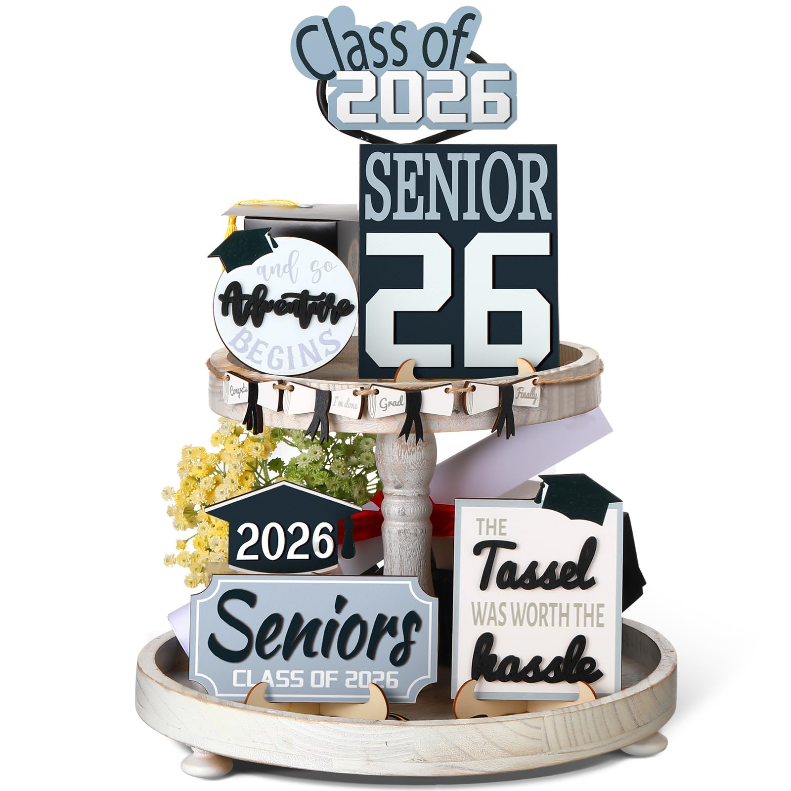 Purpeak 10 Pcs Graduation Tiered Tray Decor Set Senior Class of 2026 Table Decorations Senior Hat Gown Wood Sign for Tiered Tray and So the Adventure