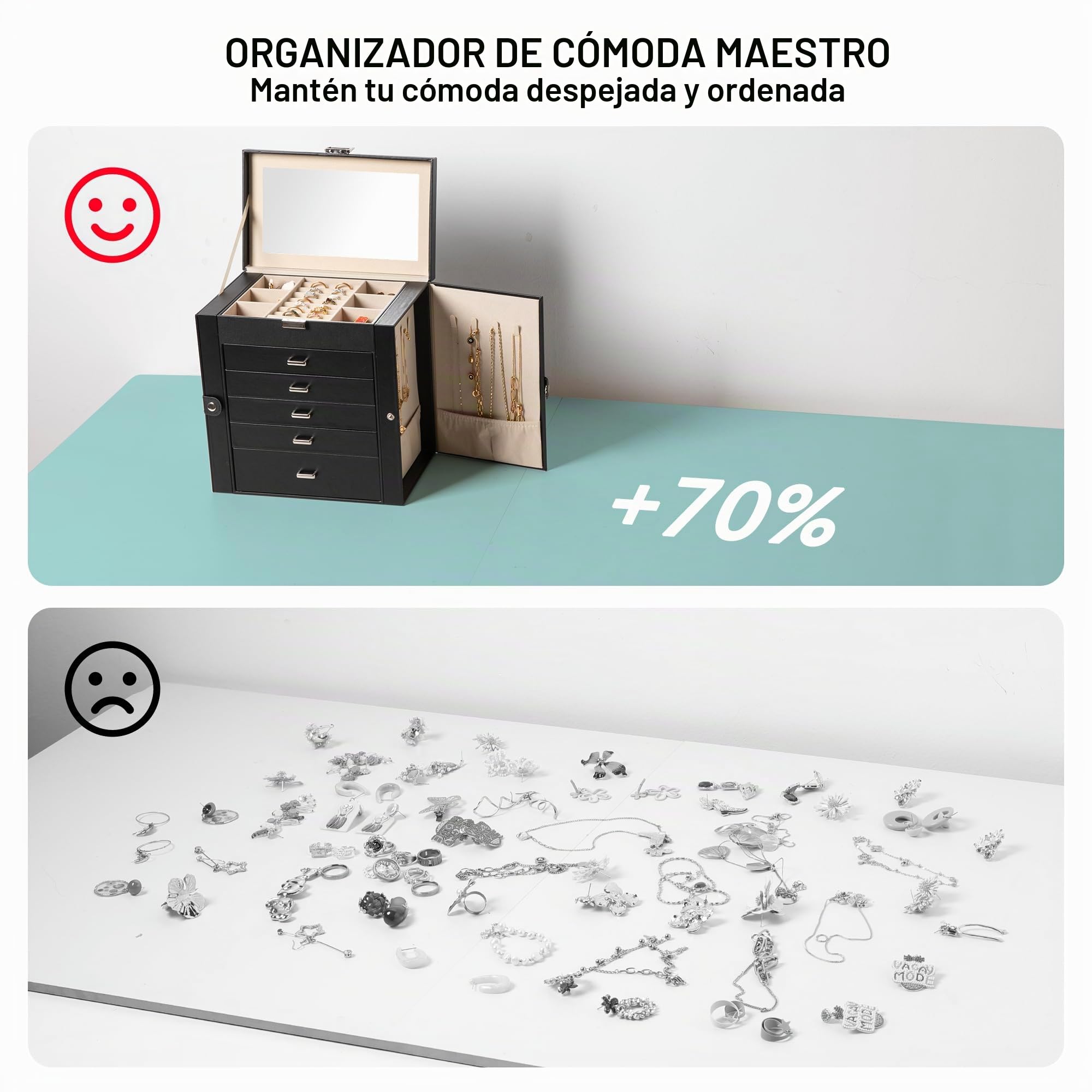 Frebeauty Caja de joyería grande, organizador de joyas de cuero sintético de 6 niveles con cerradura, funda de almacenamiento multifuncional con espejo, soporte de accesorios(Negro)