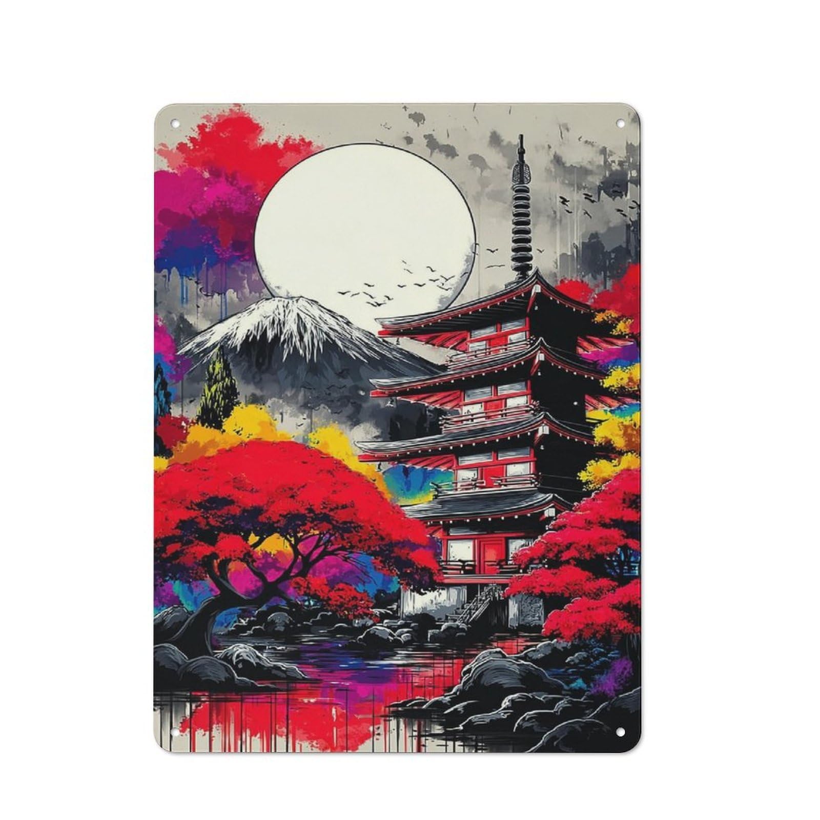 Junmoney Japanese Pagoda Moonlit Reflections Decorative Metal Wall Decor 40X30cm, Vintage Metal Sign For Hallway, Home Bar, Garage Or Study