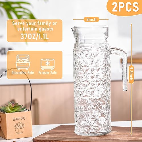 Miniatura 2 de Gejoy 2 recipientes de vidrio de 40 onzas con tapas, jarra de vidrio con asa y boquilla para nevera, agua pequeña, jugo de naranja, jarra de té