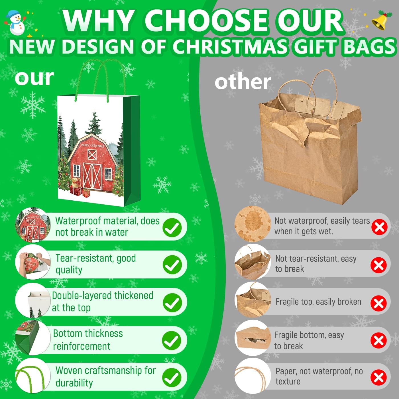 Xylitic 24 Pack Christmas Gift Bags Assorted Sizes, Christmas Paper Bags with Handles, Bulk Holiday Gift Bags for Wrapping, Xmas Party Favors Presents(6 Jumbo,6 Large,6 Medium,6 Small)