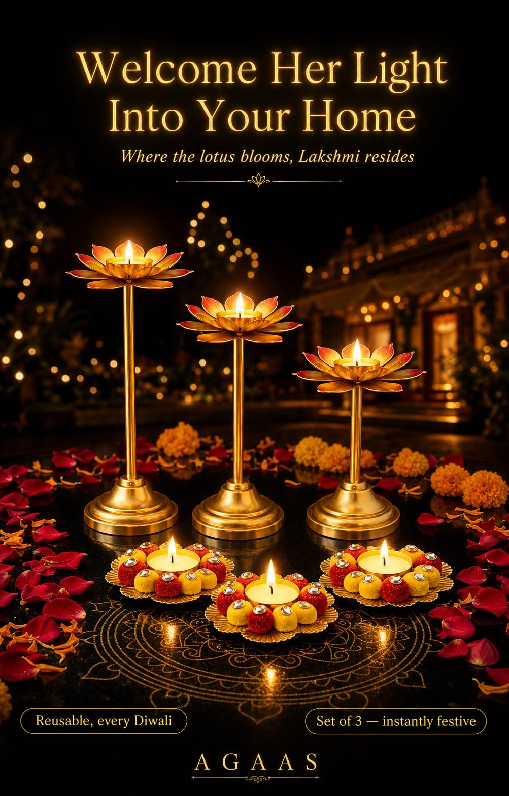 Gold Lotus Tealight Set - Diwali Pooja Decoration -3 Gold Lotus Tealight Set - Diwali Pooja Decoration -3