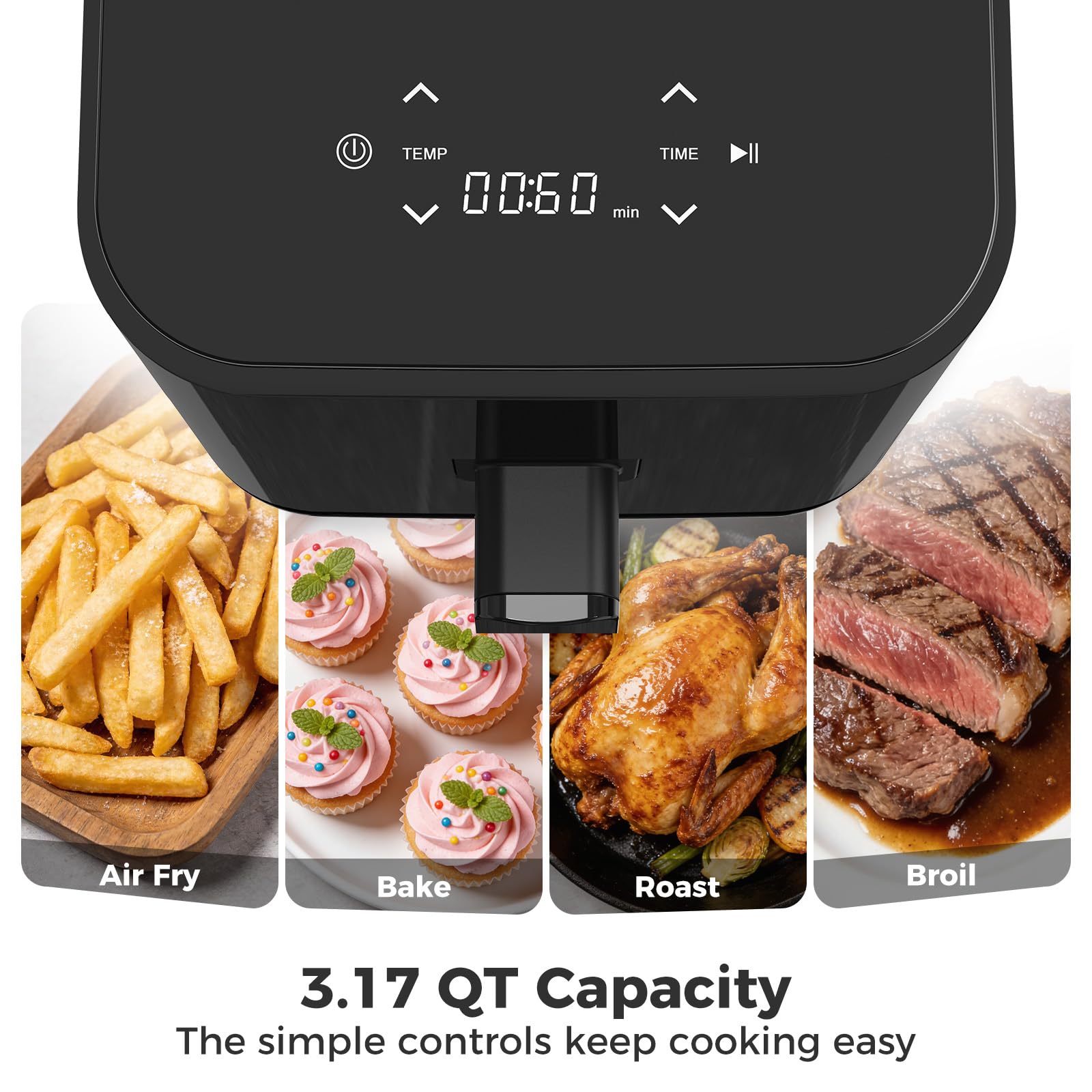 DUMOS 6qt Air Fryer with Window, Square Air Fryer 12-in-1 Air Fry, Roast, Reheat, Dehydrate, Bake, Reheat, Fries, Sea Food, Steam with 400F Kitchen Appliances Grey view 3