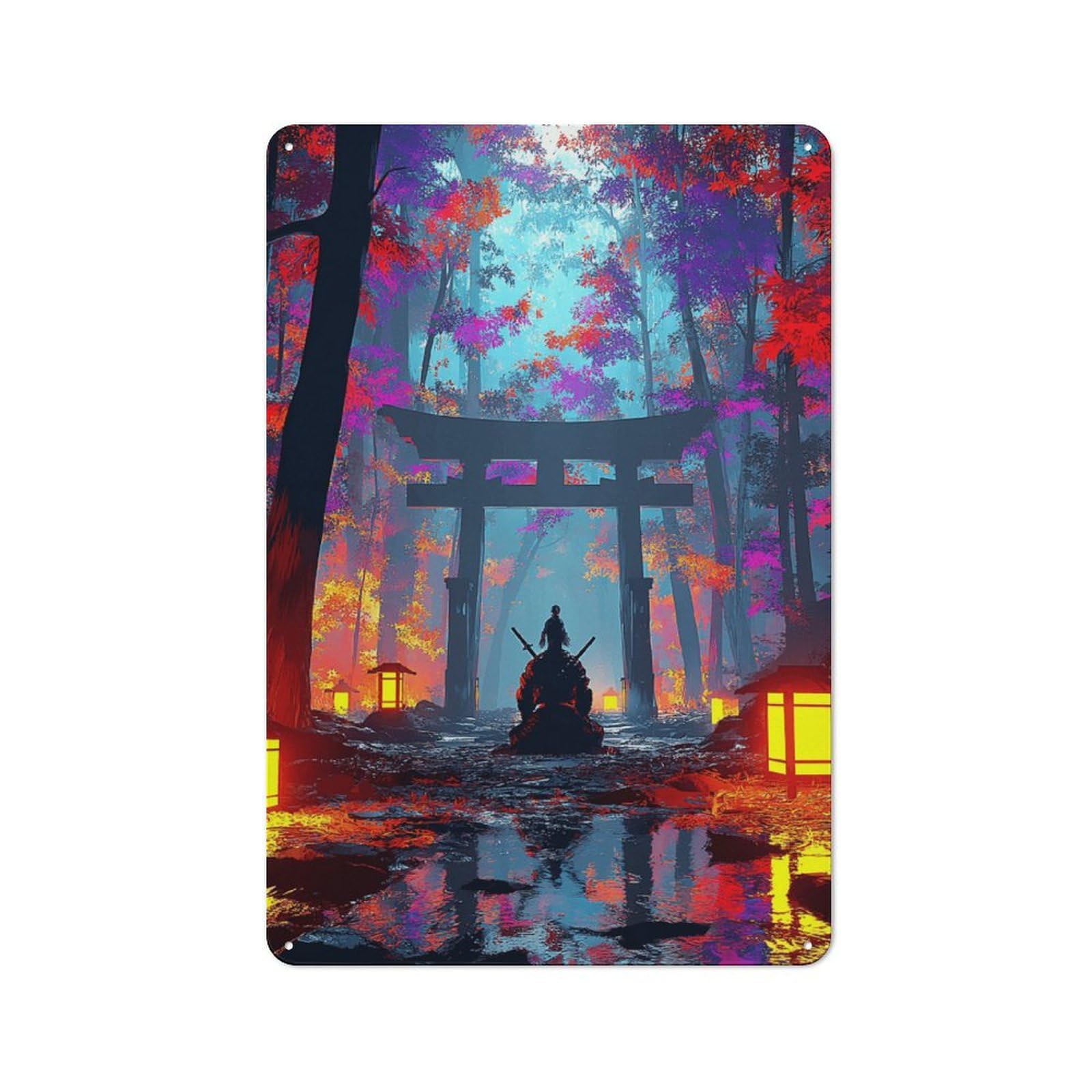 Junmoney Torii Gate In Autumn Forest Tin Wall Plaque 30X20cm With For Bar Or Restaurant, Housewarming Present For People Styling Bar And Restaurant