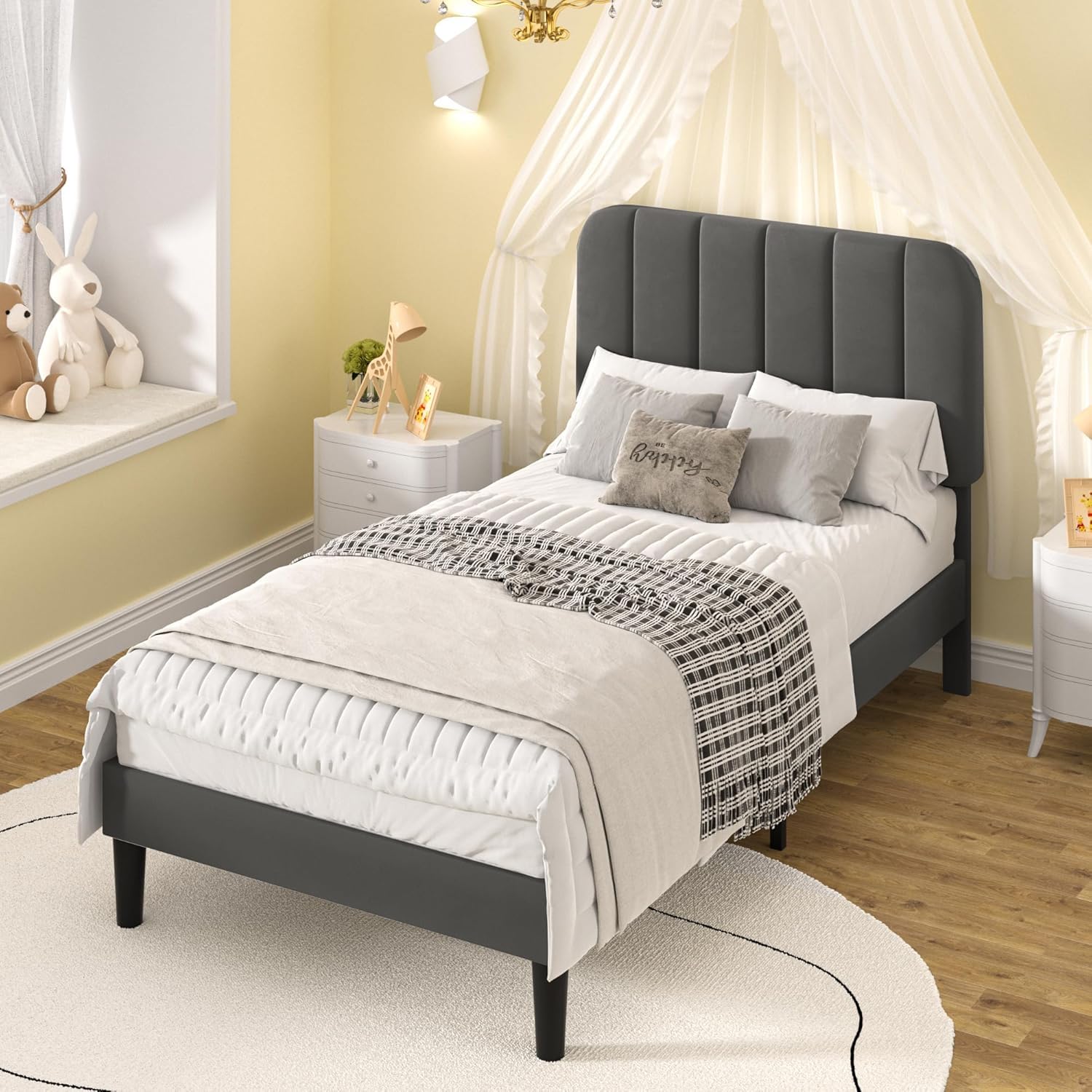 VECELO Polsterbett 90x200 cm mit Lattenrost Rückenlehne, Hautfreundlicher Samtstoff, Bett Einzelbett Jugendbett(Ohne Matratze), Legierter Stahl, Grau