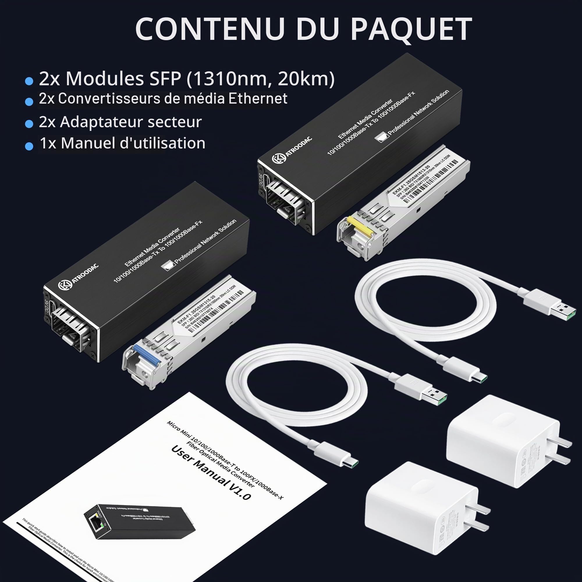 1 paire de convertisseurs médias Gigabit fibre optique Ethernet Fibre optique Bidi Single-Mode LC Module émetteur-récepteur à port unique 1310/1550 nm, 20 km, 1,25 G SFP Slot vers RJ45,