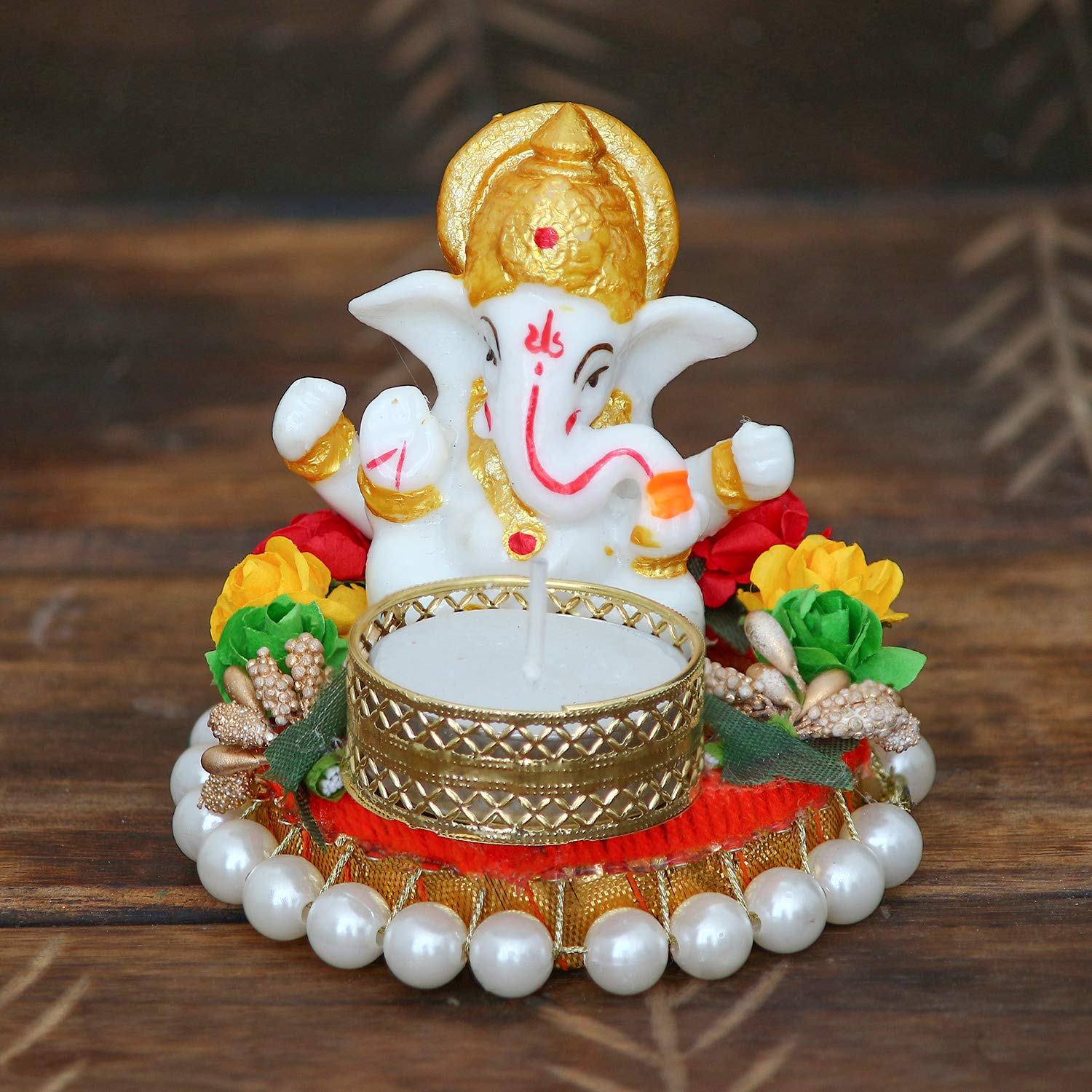 eCraftIndia Lord Ganesha Idol on Decorative Plate with Tea Light Holder
