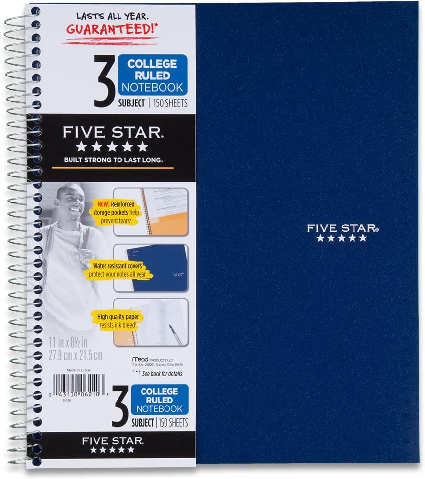 Five Star Spiral Notebook, 3 Subject, College Ruled Paper, 150 Sheets, 11" x 8-1/2" Sheet Size, Navy (72071)