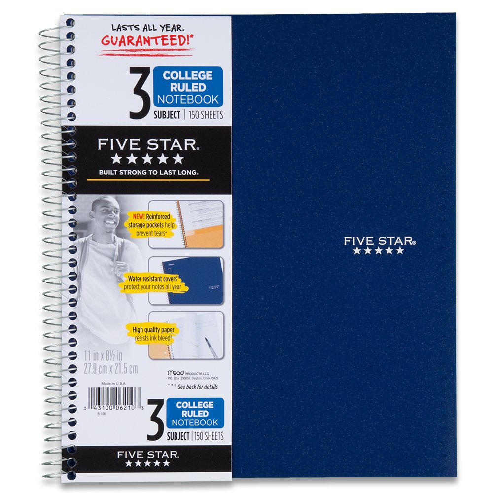 Five Star Spiral Notebook, 3 Subject, College Ruled Paper, 150 Sheets, 11" x 8-1/2" Sheet Size, Navy (72071) — image 1