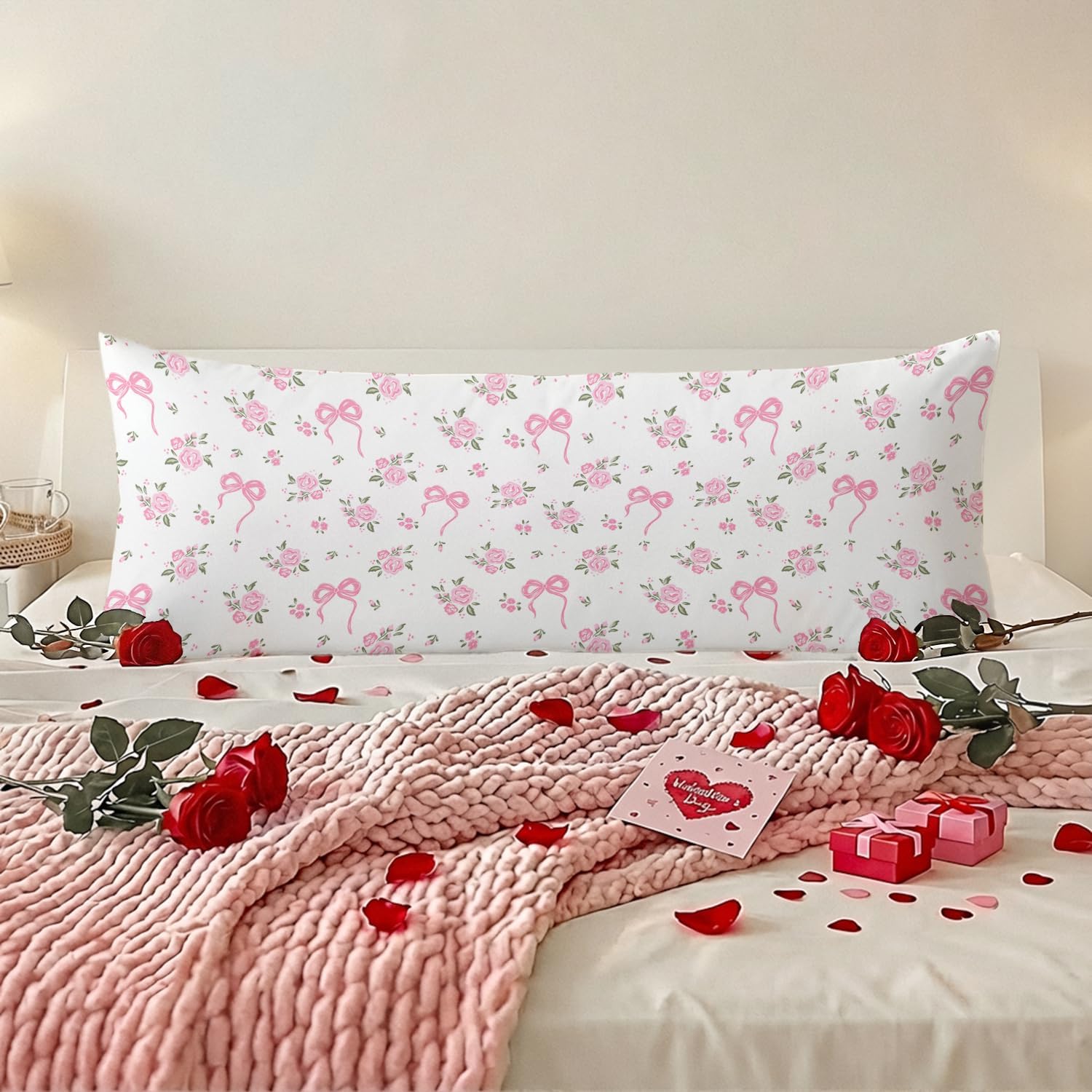 Coquette Pink Bow Floral 20x54 Body Pillow Cover, Love Shack Fancy Room Decor, Preppy Girly Rose Valentine's Day Decorative Long Body Pillow Cases for Bed Couch