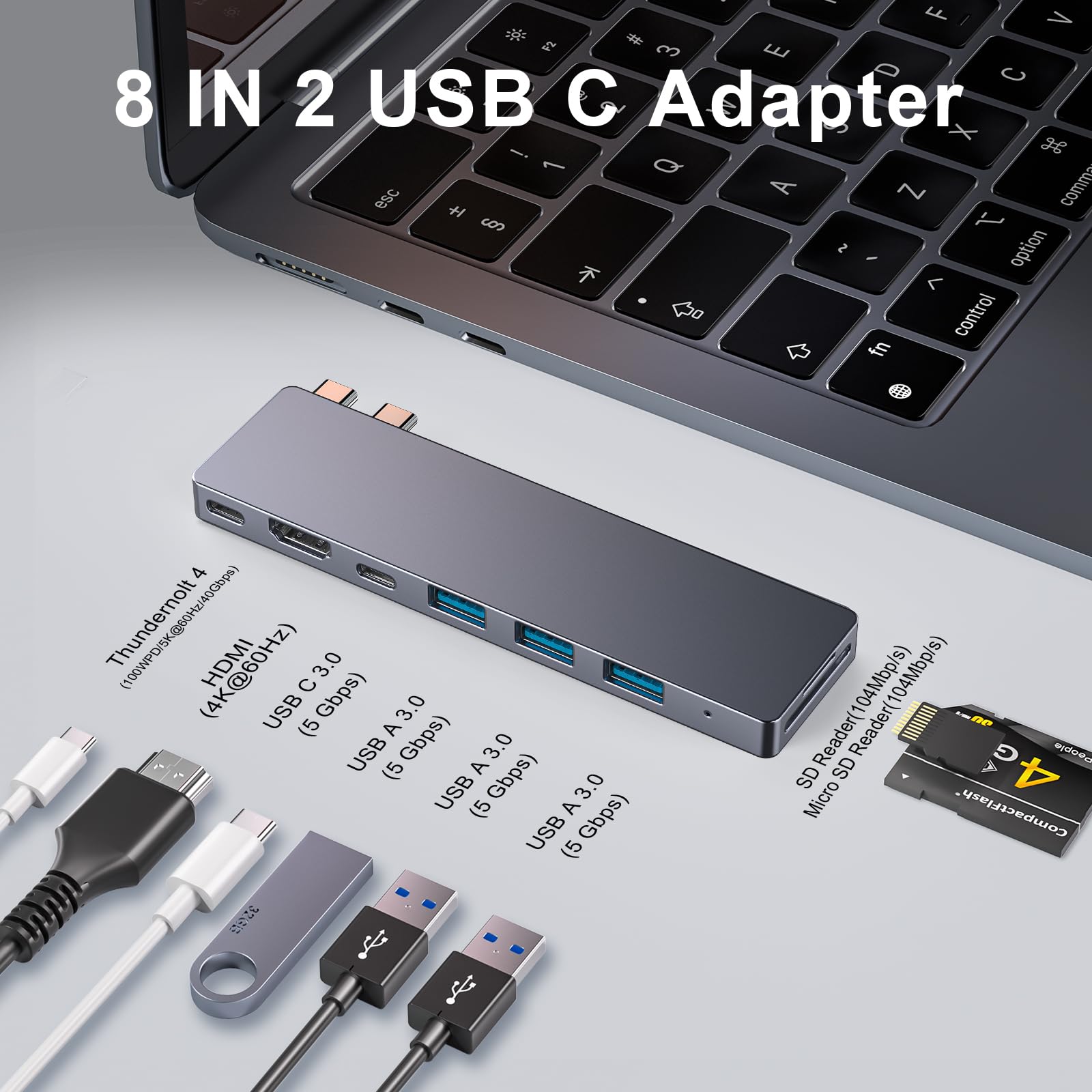 USB C Hub, 8 IN 2 USB Adattatore per MacBook Pro Air，Thunderbolt 4 Dock 100W PD, 40Gbps, 4K HDMI, USB C 3.0, 3 USB A 3.0, Lettore Schede SD/TF, Compatibile con MacBook M1/M2/M3/M4
