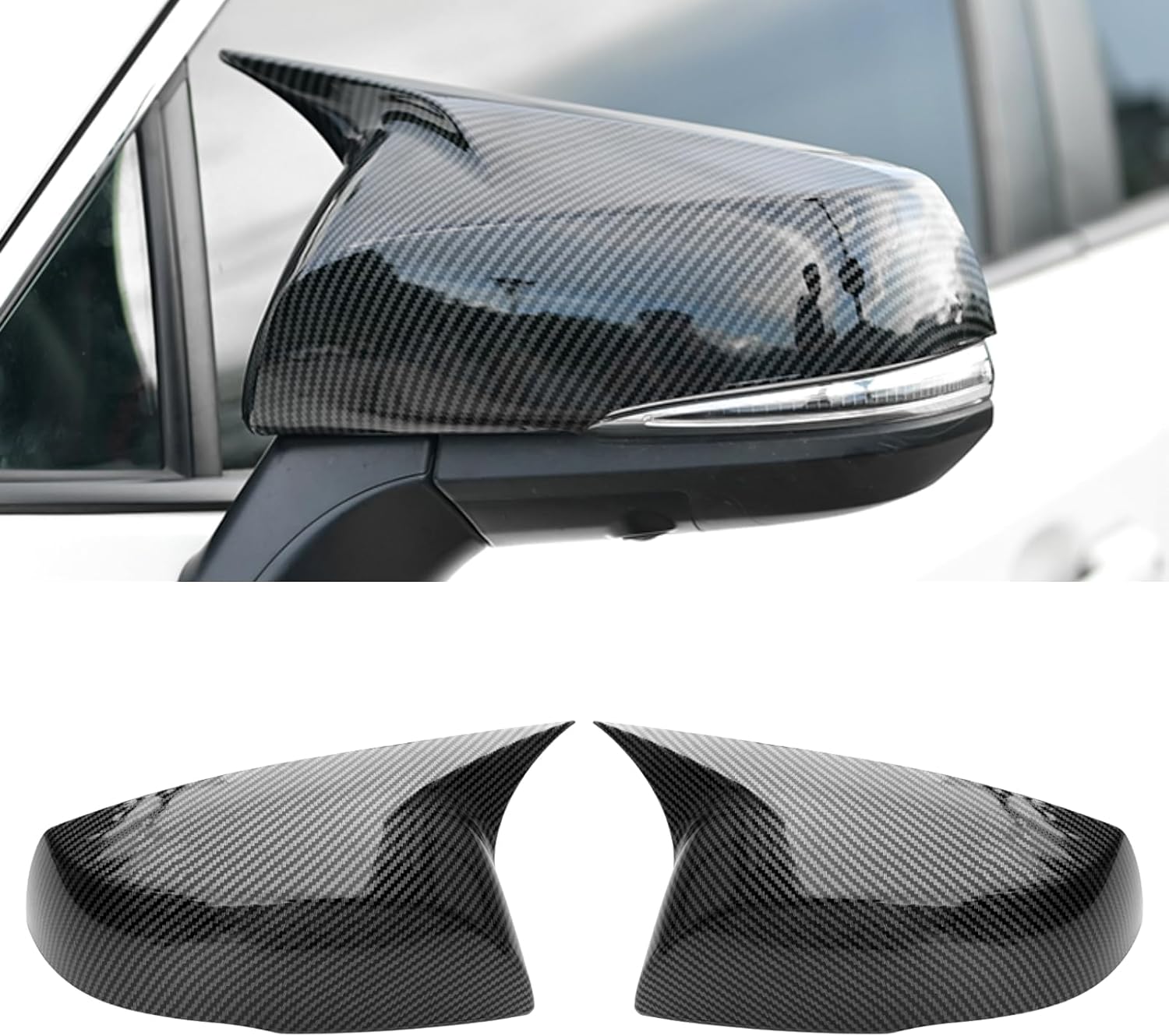 Yumzeco Compatible with Toyota Highlander Ox Horn Side Mirror Cover 2020 2021 2022 2023 2024 2025, LH & RH Door Mirror Covers Caps Exterior Decoration Accessories (Carbon Fiber Pattern)