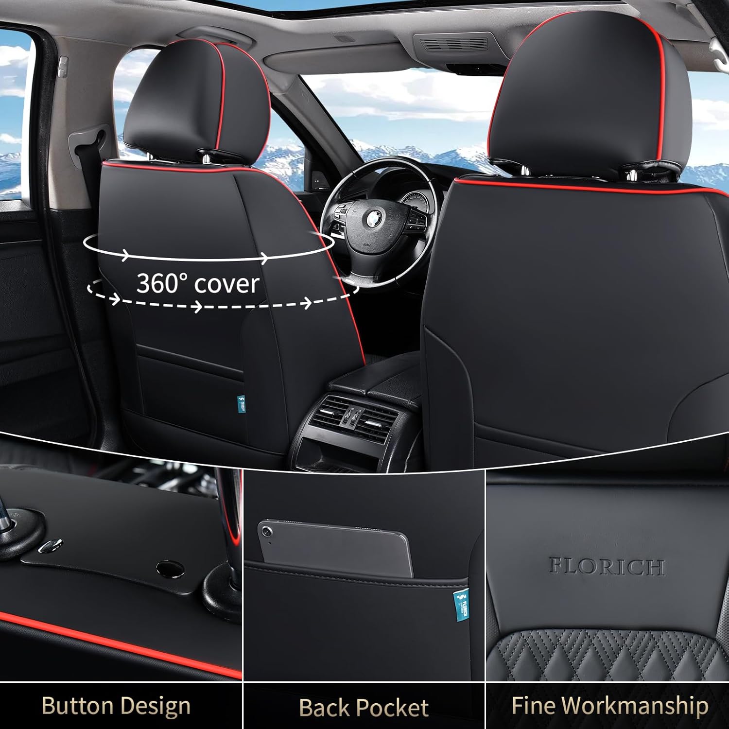 FLORICH Seat Covers, Car Seat Covers Full Set, Luxury Nappa Leather Seat Covers, Breathable and Waterproof Car Seat Protector 5 Seat, Automotive Seat Covers Universal Fit for Most Cars-BlackRedline