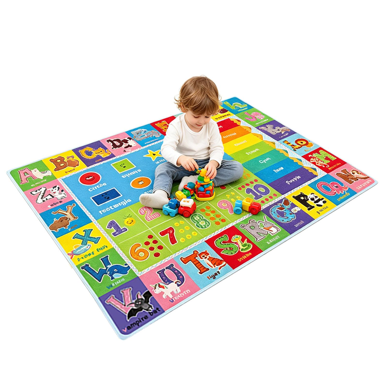 Generisch Pädagogischer Spielteppich 120 x 160 cm Lernmatte Alphabet Zahlen Tiere Formen Farben rutschfeste Unterseite Fusselfreier Teppich Strapazierfähige Kanten Weiche Krabbelmatte