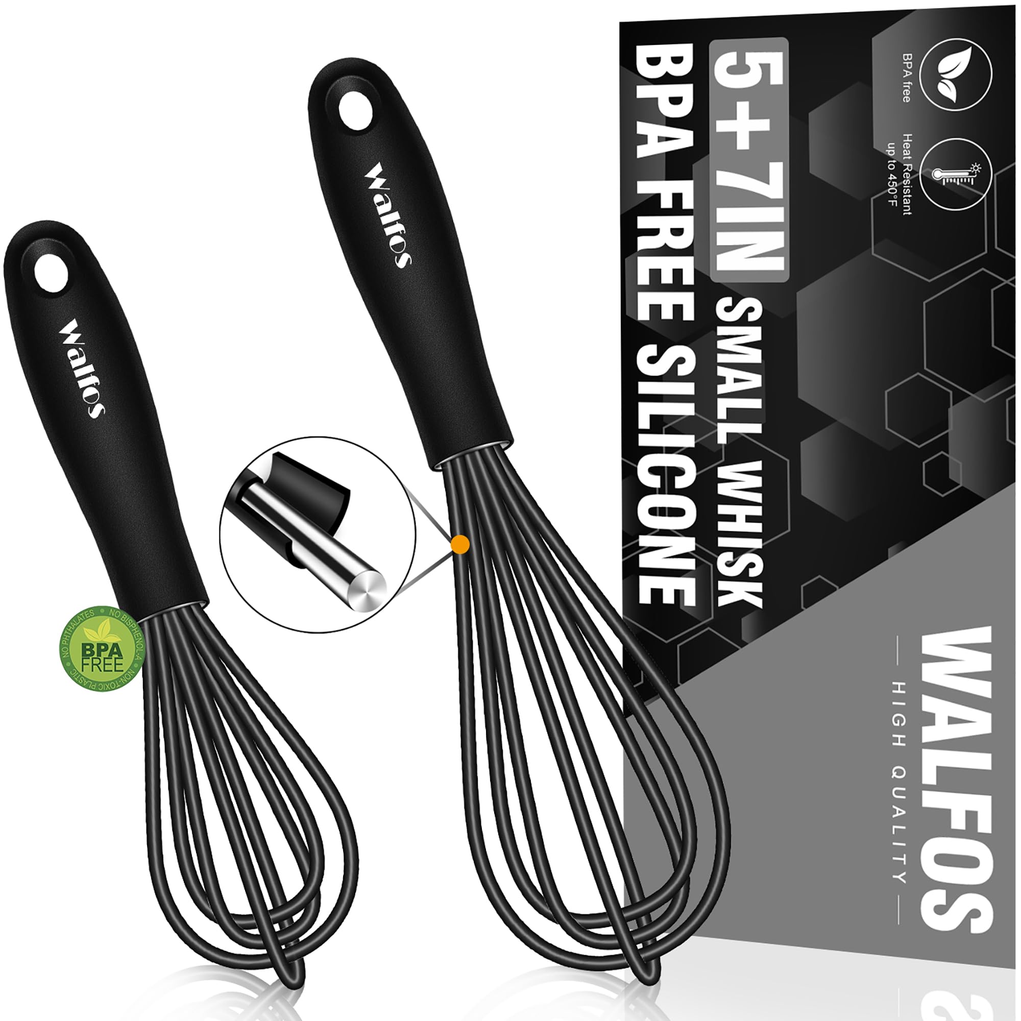 Walfos Whisk 5+7in/12cm+17cm Mini Whisk,Silicone Whisks Non Scratch Heat Resistant (480°F). Nice for stirring individual eggs and mixing small amounts of powder and sauce.Dishwasher Safe.Black