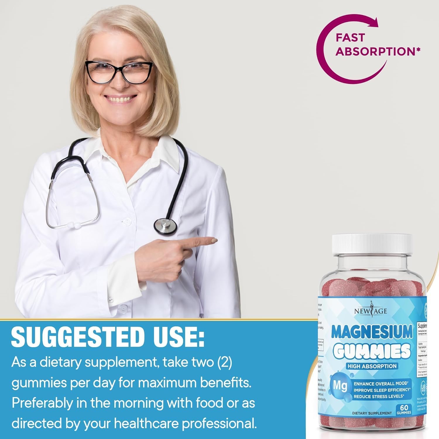 Magnesium Gummies - Calming Anti-Stress Gummies, Magnesium Supplement for Adults and Kids, Vegan, Gelatin-Free, Gluten-Free, Non-GMO, Delicious Natural Raspberry Flavor- 180 Count - by New Age