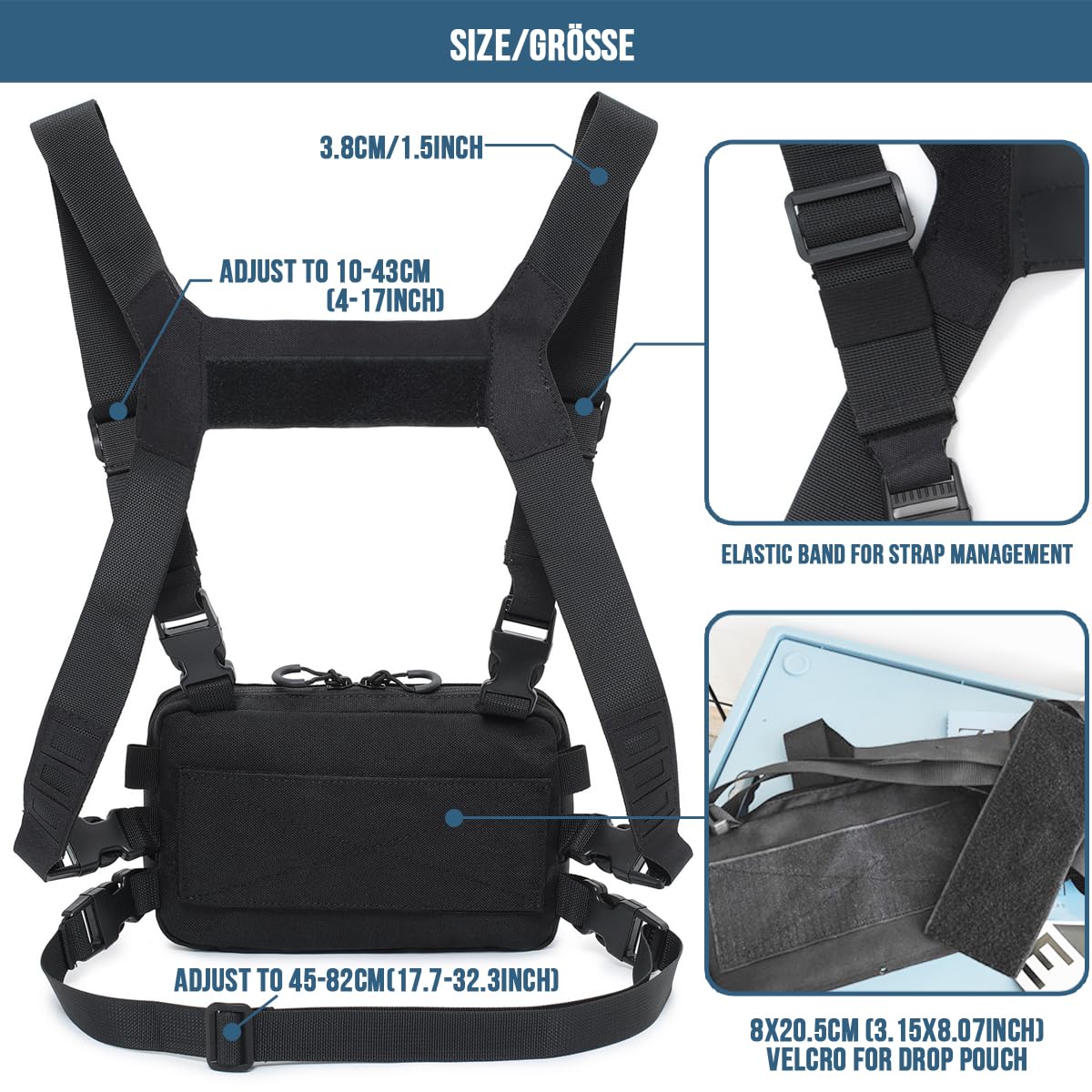MUCHER Klatka piersiowa Rig Pack Taktyczna torba na klatkę piersiową dla mężczyzn do biegania Radio Walkie Torba na klatkę piersiową z 3 haczykami na zewnątrz Piesze wycieczki Polowanie Camping