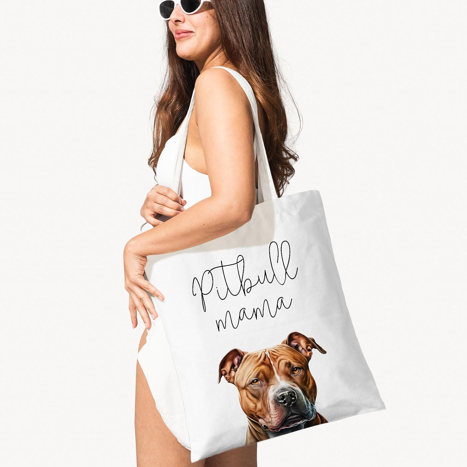 Pitbull Mama Canvas Tote Bag for Women, Dogs Lover Gift for Dog Mom, Birthday Christmas Cute Pitbull Gifts For Women, Tote Bag for Work College Travel. (092) - Image 2