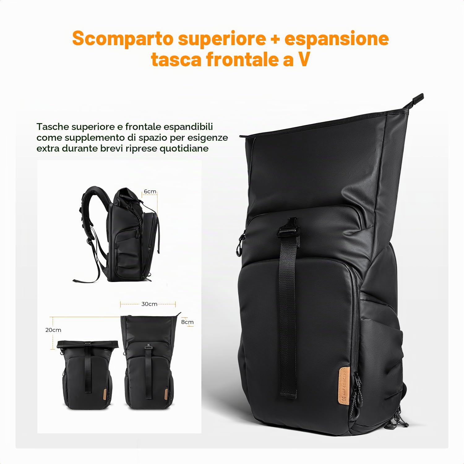 K&F CONCEPT Zaino Fotografico Espandibile Impermeabile | Design roll-top espandibile, scomparto laptop 15.6", pelle 1680D antispruzzo, cerniere impermeabili, treppiede sul fondo B11