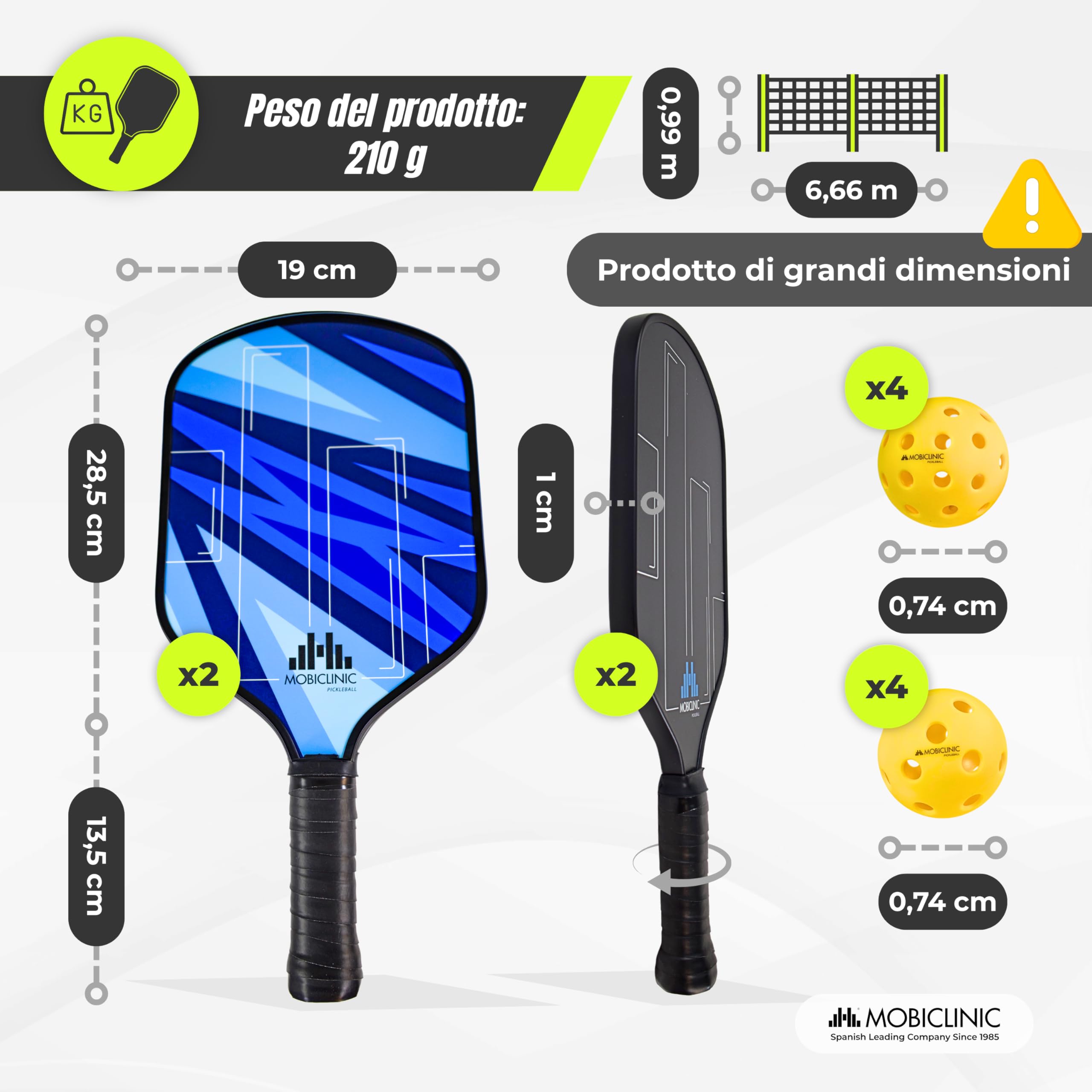Mobiclinic®, Set da Pickleball, Racchette in Fibra di Vetro, Palline per Interni ed Esterni, Borsa da Trasporto, Ergonomico, Anima in Polipropilene a Nido D'ape, Grip (4 racchette + 8 palline + rete)
