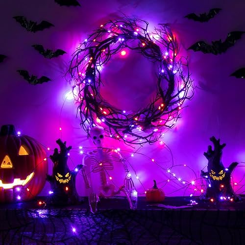 Miniatura 6 de Guirnalda de luces de Halloween de 100 pies, 300 LED, impermeable, enchufable, color morado y naranja, con control remoto, 8 modos para interiores o