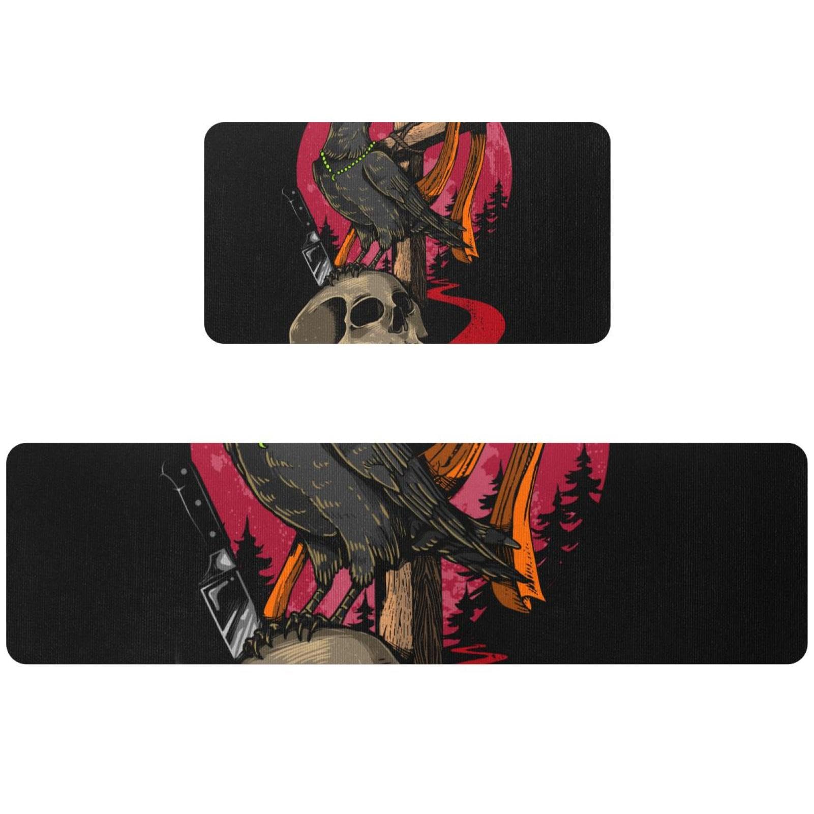 Tapis de cuisine antidérapants et lavables au motif gothique de crâne et corbeau