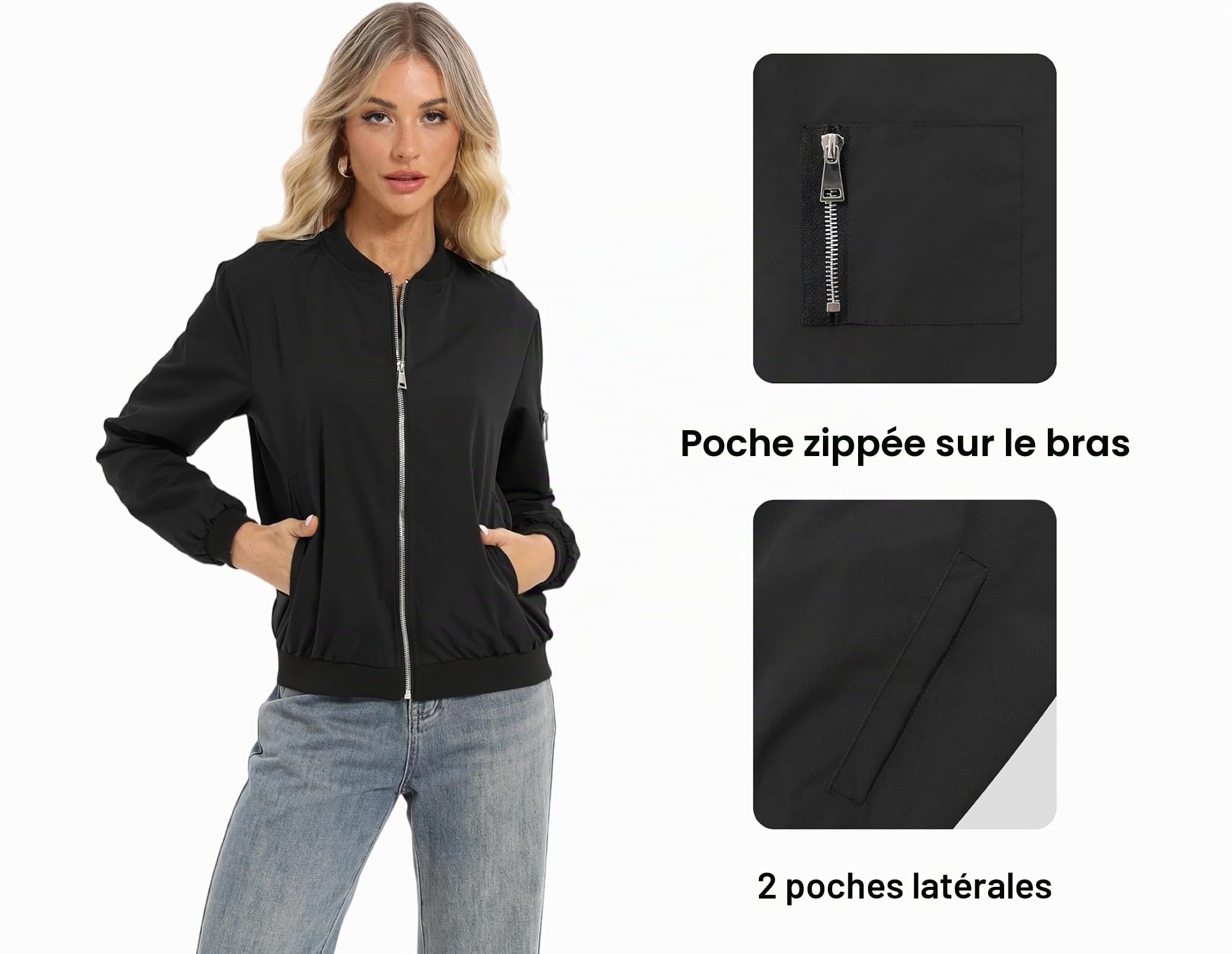 Oyamiki Blouson bomber à manches longues pour femme - Blouson court décontracté - Veste d'automne légère - Veste d'aviateur avec poches