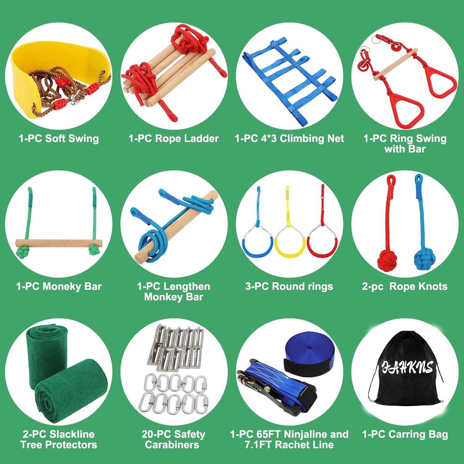 65 Ft Ninja Warrior Kids’ Obstacle Course,Durable Slackline with 11 Obstacles-Swings, Monkey Bars, Arm Trainers & More, Ninja Warrior Obstacle Course with Outdoor Fun for Ages 3+