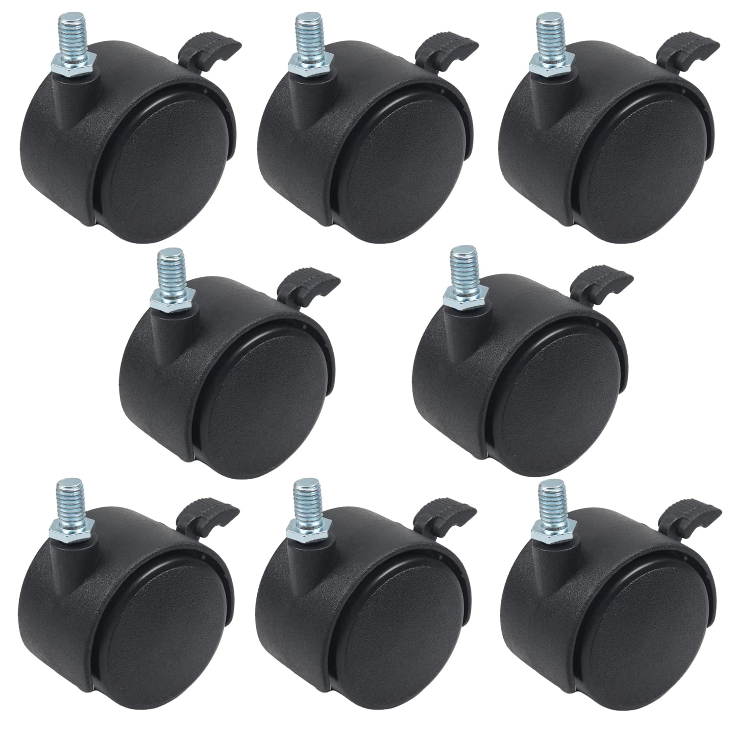 Yinpecly 8 Pack 1.97 inch Caster Swivel Wheels 360 Degree M8 x 13mm Threaded Caster Caster Twin Wheel for Office Chair Commodity Shelf Black Tone with Brake