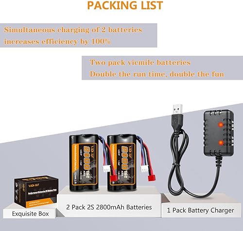 Miniatura 7 de Batería de iones de litio de 7.4 V, 2800 mAh, batería RC de alta capacidad con enchufe en T estilo Dean 2S recargable con 1 a 2 cargador USB apto
