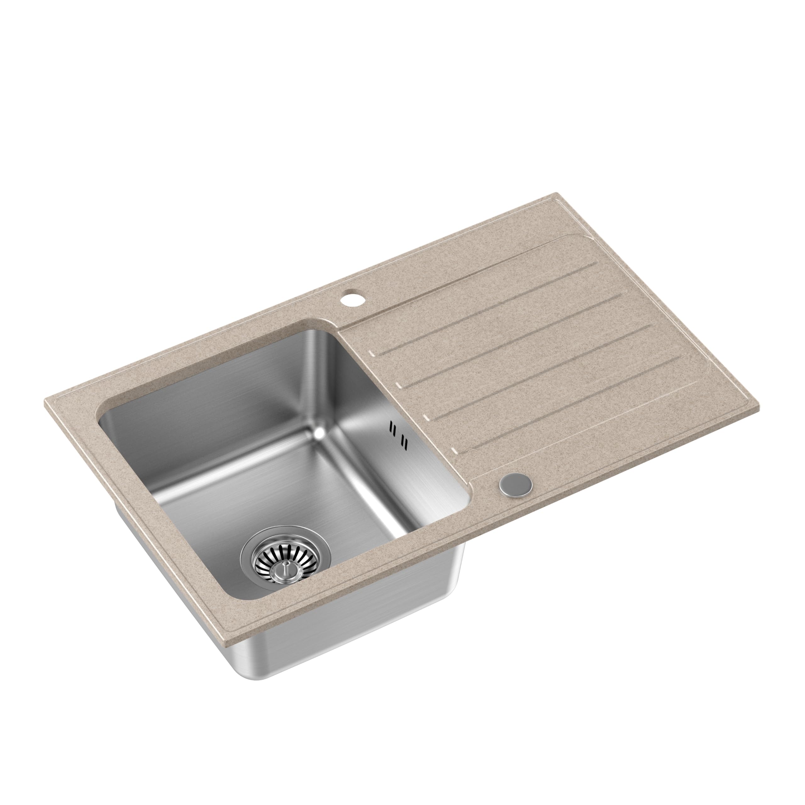 QUADRON Fregadero Beige | tamaño 78 x 48 cm | fregadero de acero inoxidable KENNETH 111 Fregadero de cocina de un seno | granito y acero inoxidable | con sifón y tapón de rosca | con escurridor