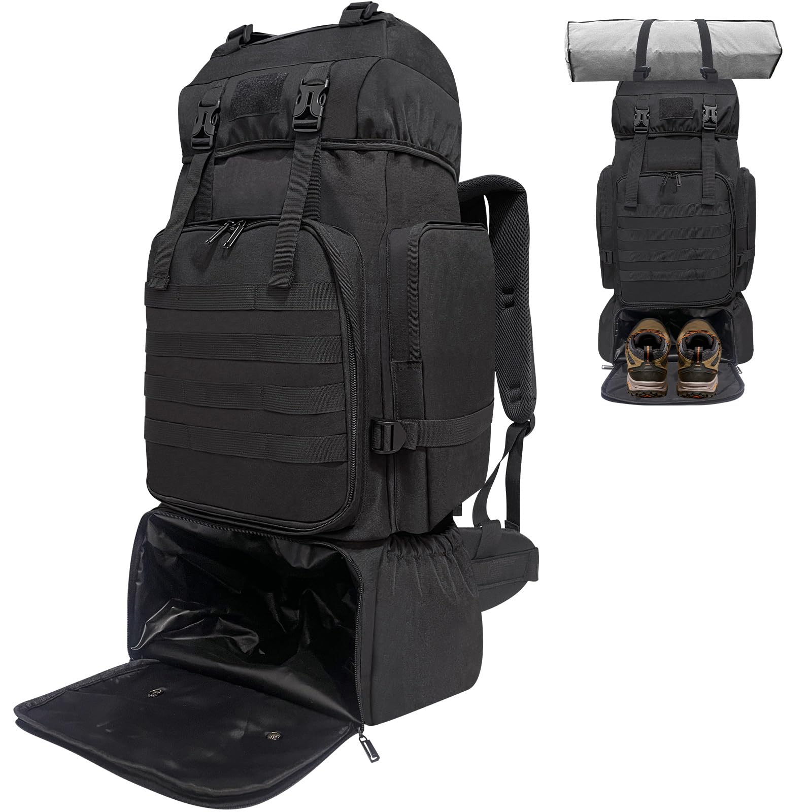Lizbin Hiking Backpack, 80L Molle Military Tactical Rucksack, Camping Backpack with Shoe Compartment, Lightweight Rucksack for Men, Water Resistant Travel Backpack Survival Bag Hiking Bag (Black)