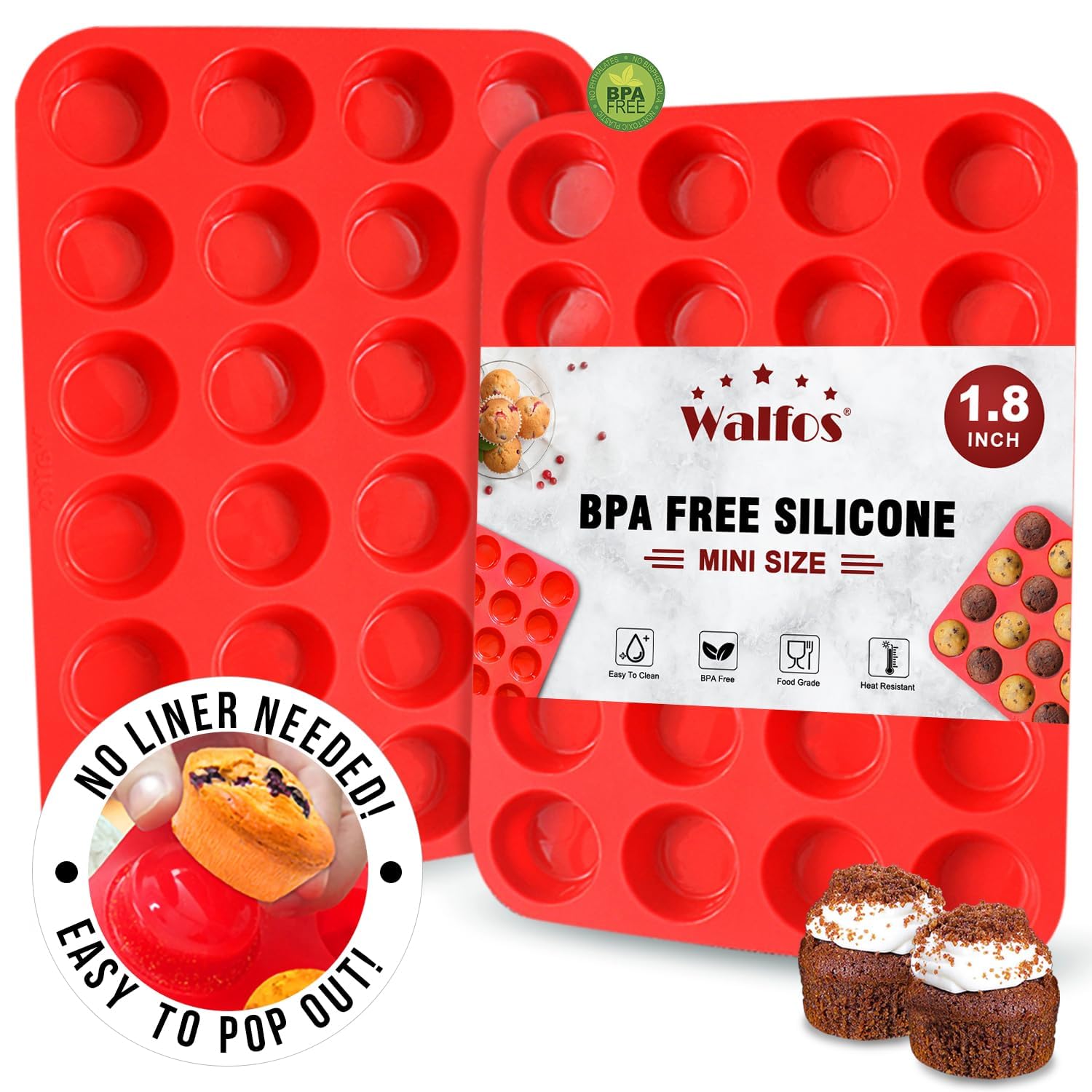 Walfos 2pcs Silicone Mini Muffin Pan, 24 Cups, BPA Free and Dishwasher Safe, Non-Stick Silicone Cupcake Baking Pan