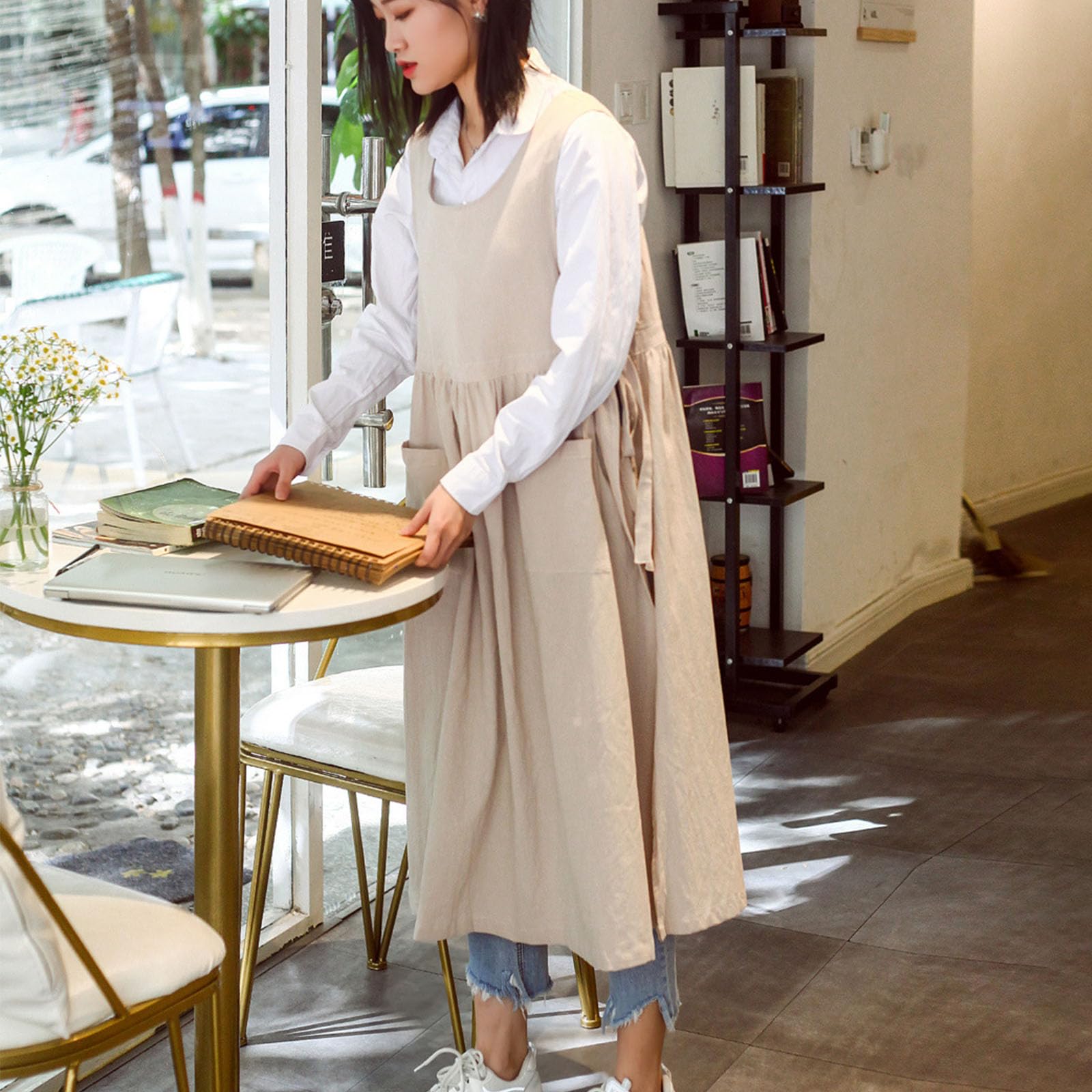 Damen Baumwollschürze Verstellbare Wasserdicht Kochschürze Mit 2 Taschen Für Koch, Küche, Zuhause, Restaurant, Cafe, Kochen, Backen, Gartenarbeit,Beige