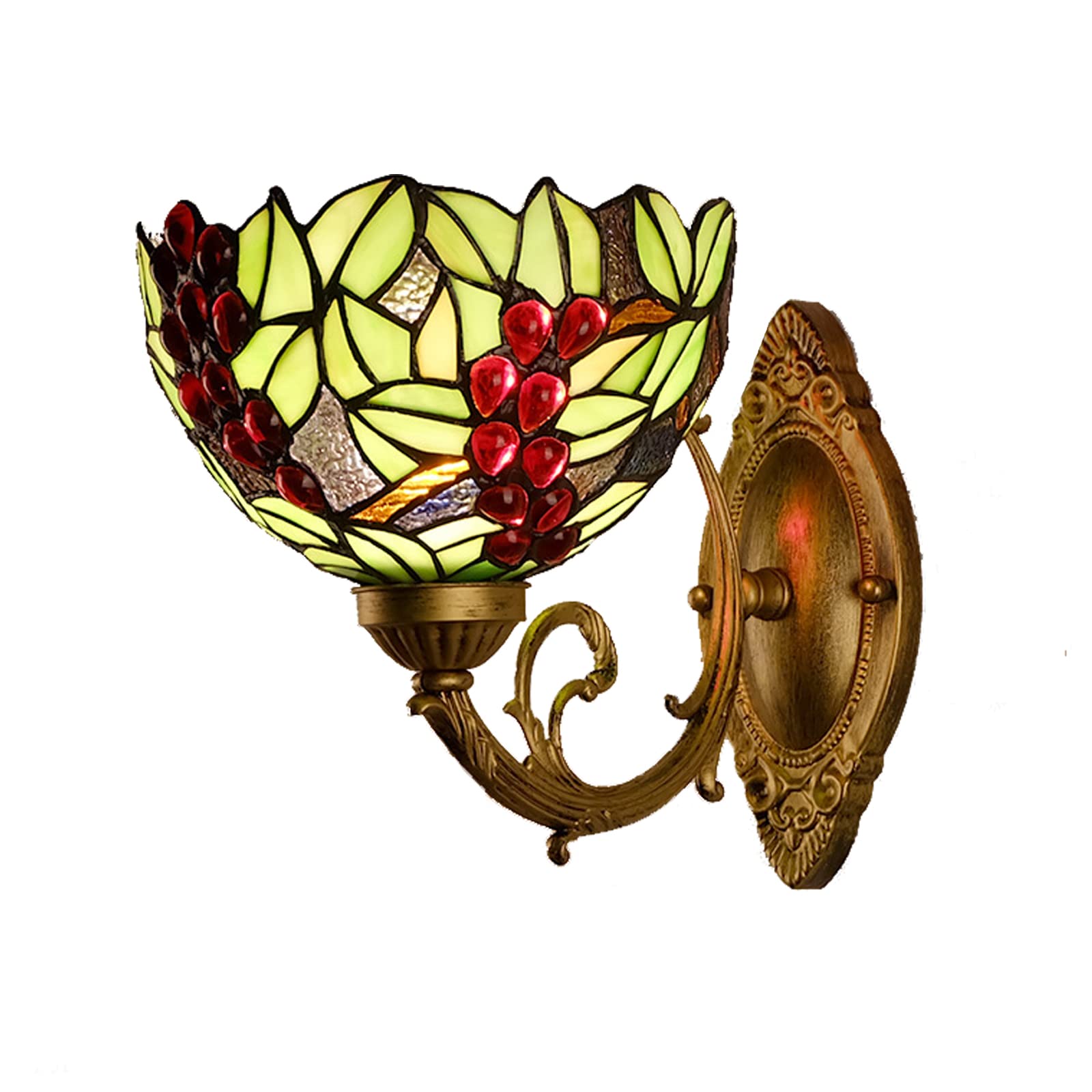 NHPJFDC Red Crystal Grapes Stained Glass Tiffany Wall Sconce, Victorian Style Handicrafts Wall Light, E27 Antique Bronze Wall Lamp For Living Room Bedroom Bathroom Stairway
