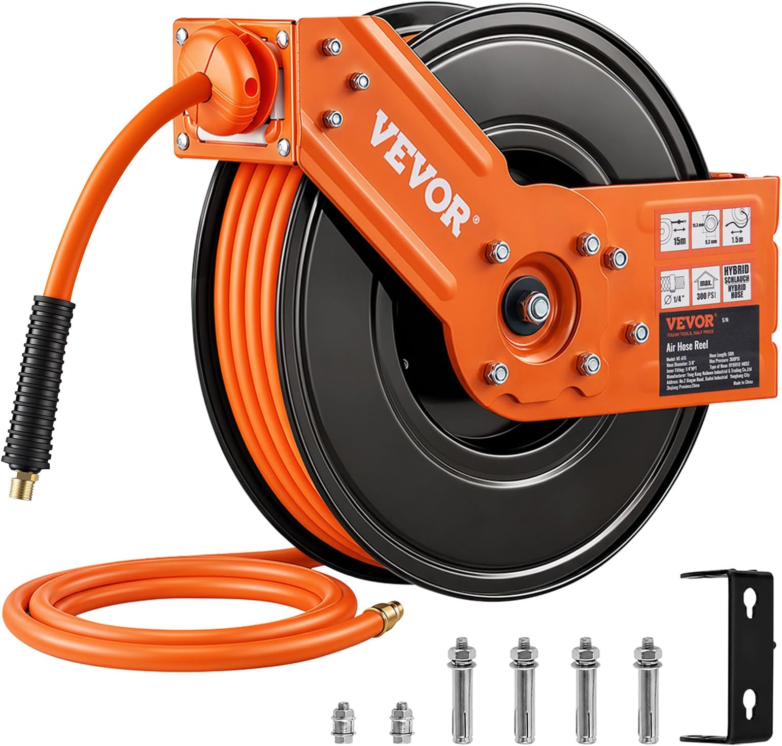 Retractable Air Hose Reel 3/8 IN x 50 FT Hybrid Air Hose Max 300PSI
