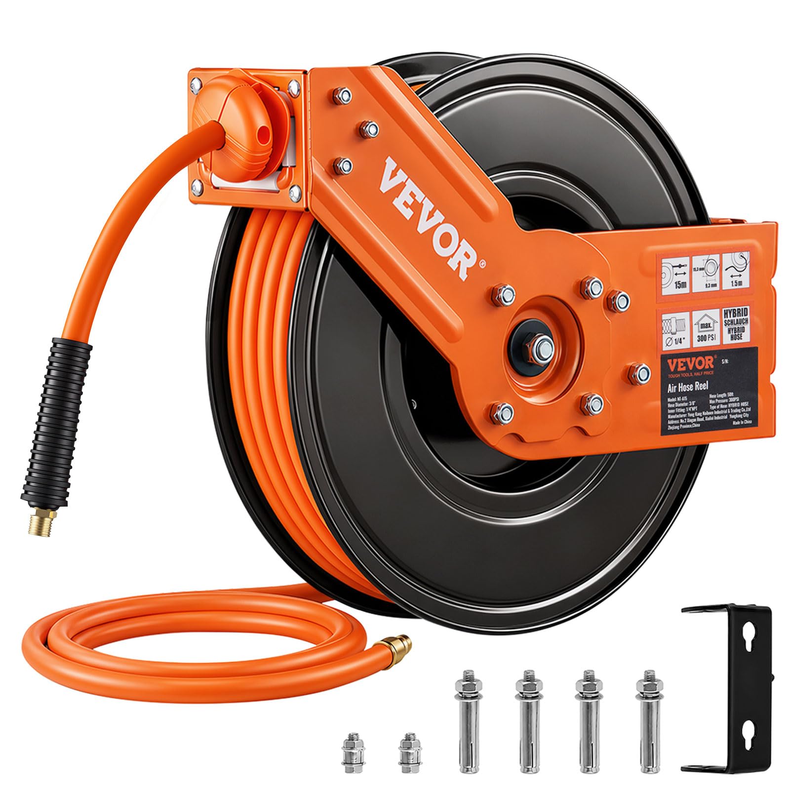 VEVOR Retractable Air Hose Reel 3/8 IN x 50 FT Hybrid Air Hose Max 300PSI